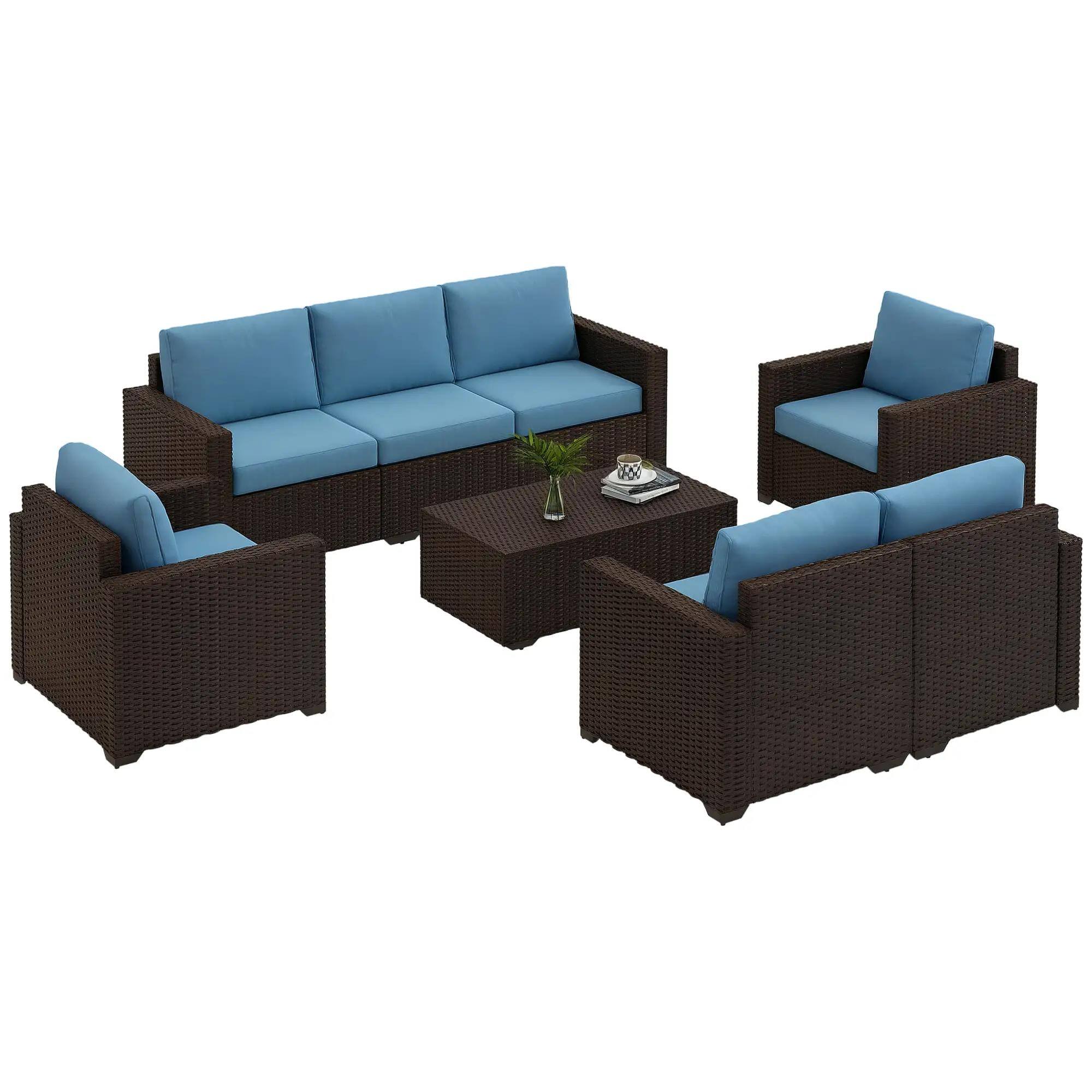 Front. Resenkos - Resenkos  5 Pieces Patio Sectional Furniture Set,Outdoor Sectional Furniture,PE Rattan, Blue - Blue.