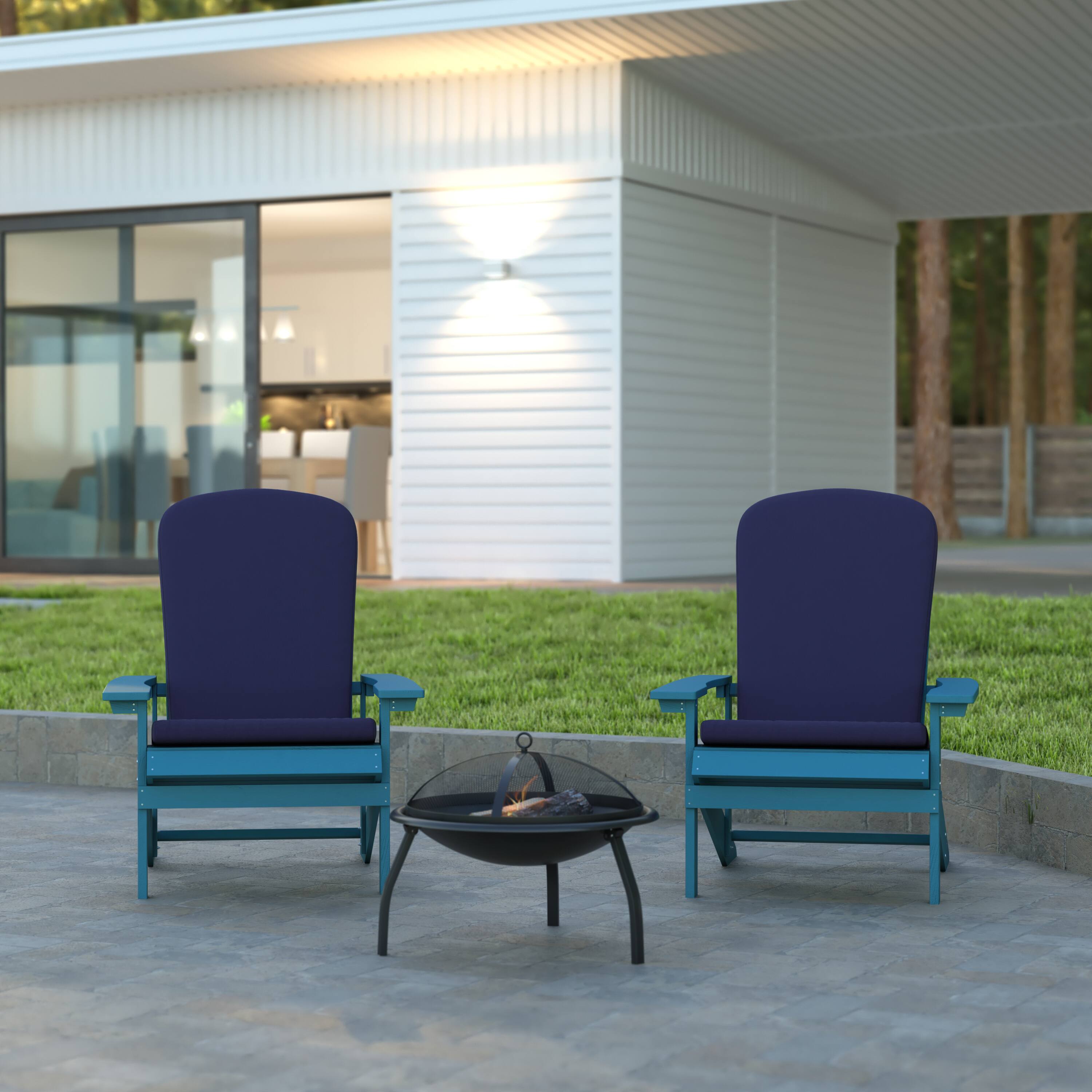 Alt View 2. Emma + Oliver - Hammond Set of Two All-Weather Polyresin Adirondack Chairs with Cushions - Blue Cushions/Blue Frame.