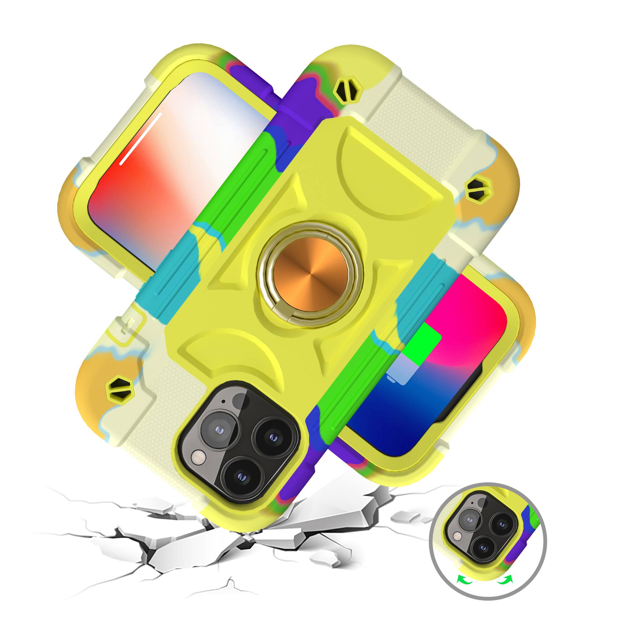 Alt View 2. Dteck - Rugged Case for iPhone 13 with Rotate Ring Stand, Military Grade Drop Protection Heavy Duty Shockproof Protective Cover - Rainbow Yellow.