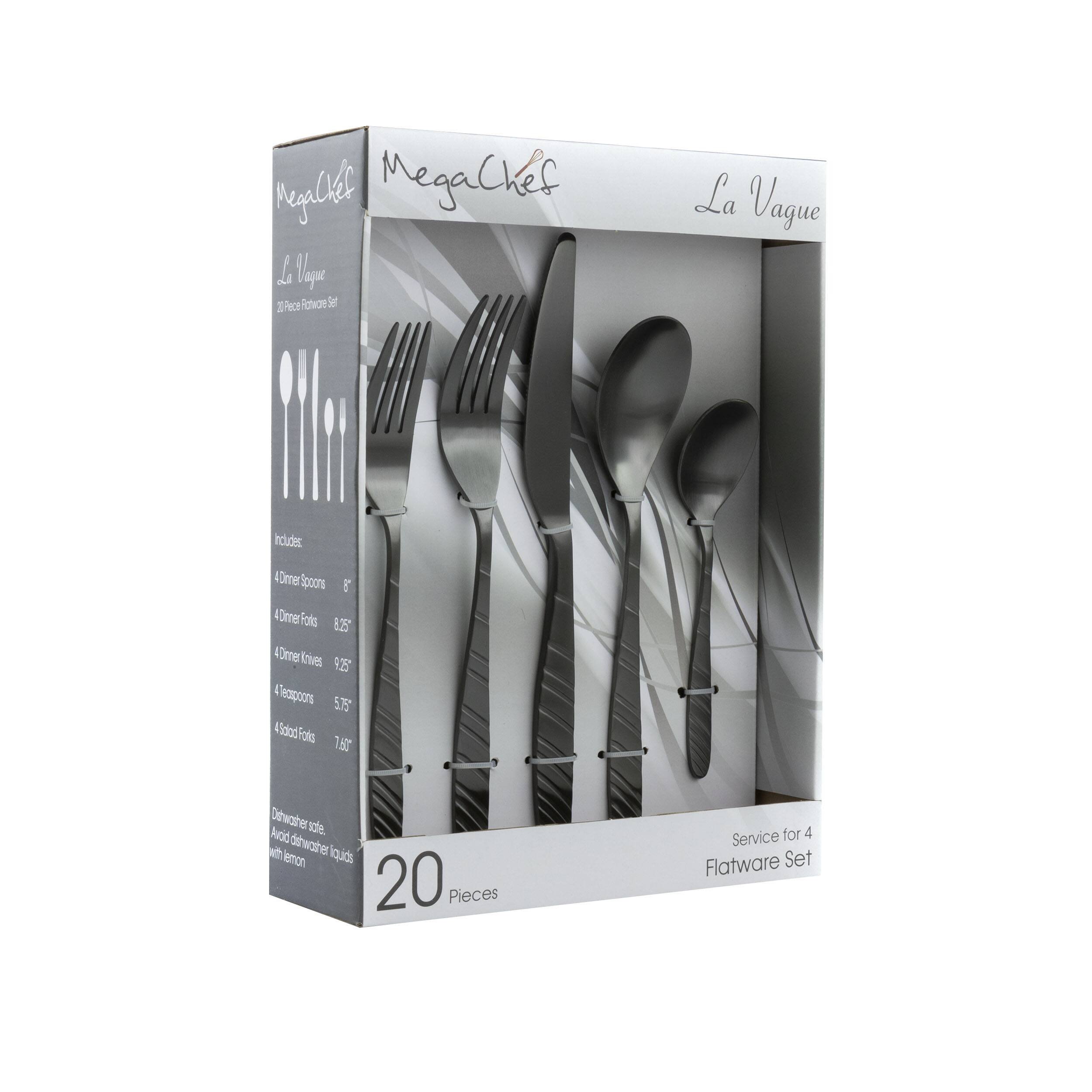 MegaChef - La Vague 20 Piece Flatware Utensil Set, Stainless Steel Silverware Metal Service for 4 in Matte - Black