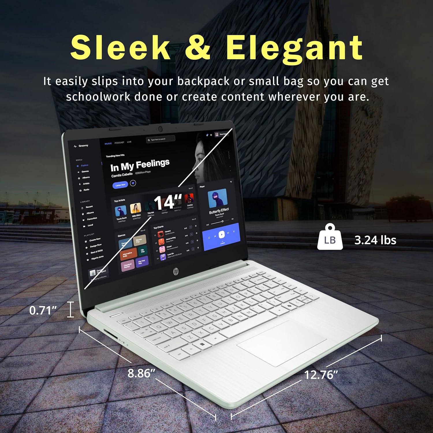 Sleek & Elegant  
It easily slips into your backpack or small bag so you can get schoolwork done or create content wherever you are.  

- 14"  
- 0.71"  
- 8.86"  
- 12.76"  
- 3.24 lbs