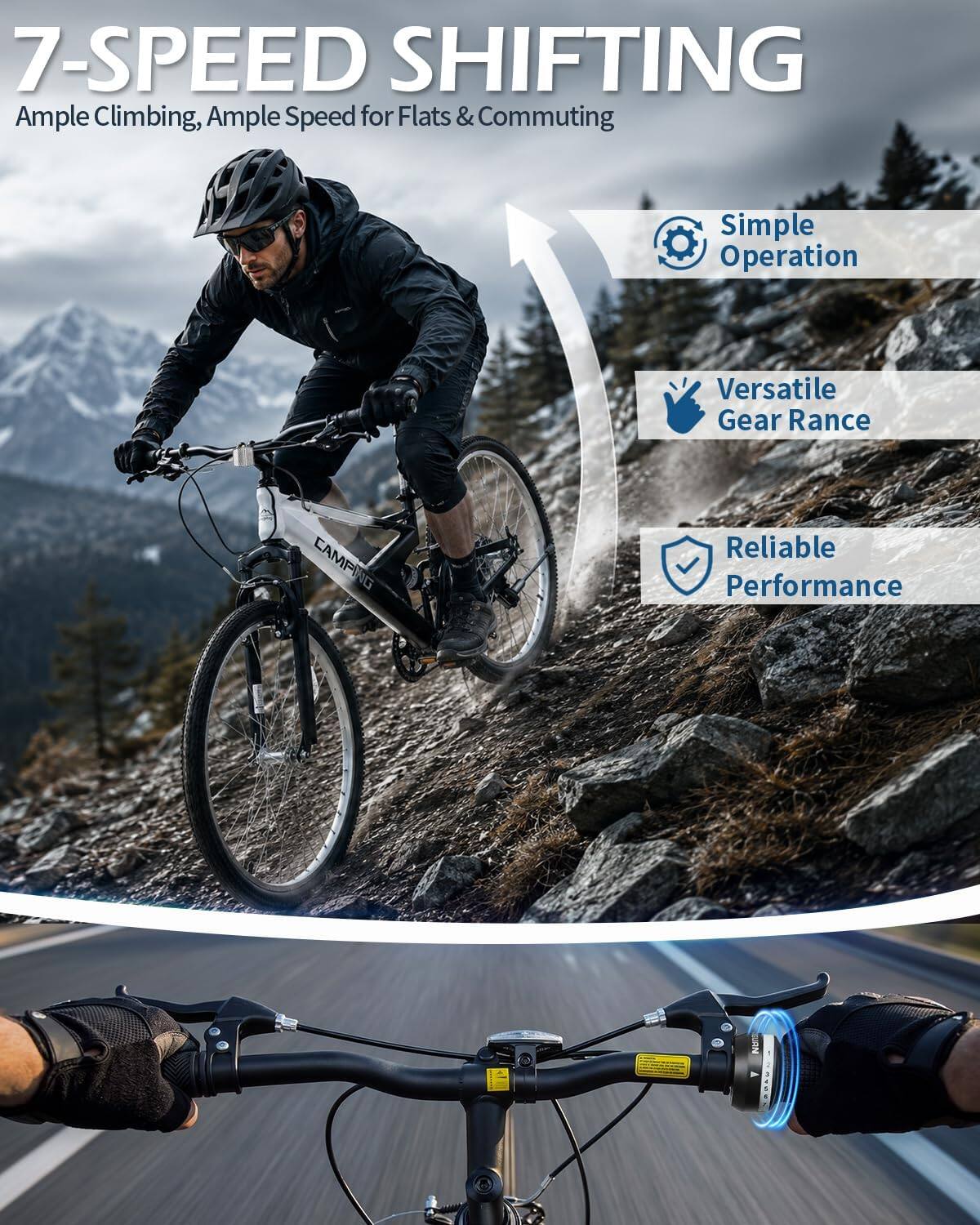 7-SPEED SHIFTING  
Ample Climbing, Ample Speed for Flats & Commuting  
Simple Operation  
Versatile Gear Range  
Reliable Performance