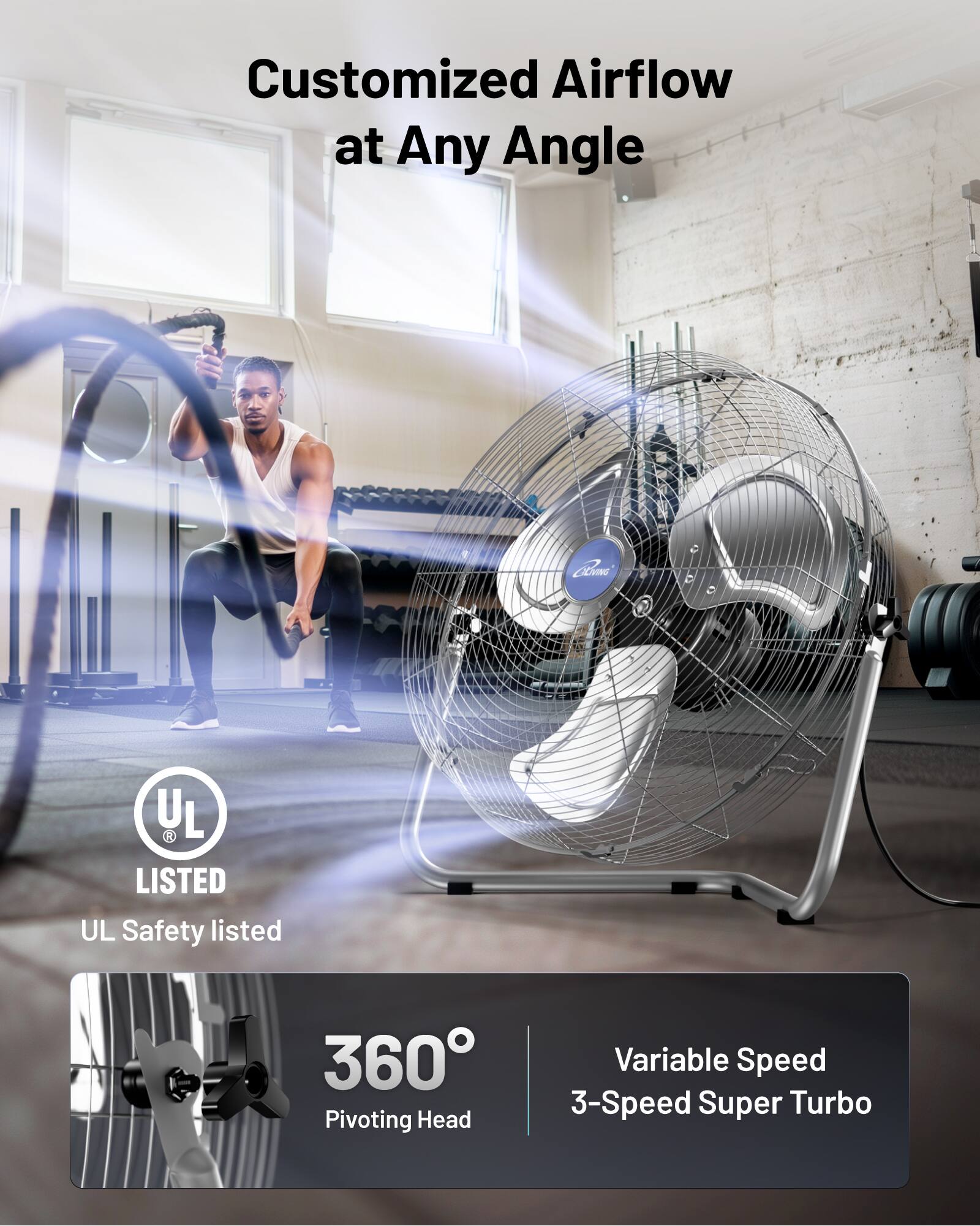 Customized Airflow at Any Angle

UL LISTED
UL Safety listed

360° Pivoting Head

Variable Speed
3-Speed Super Turbo