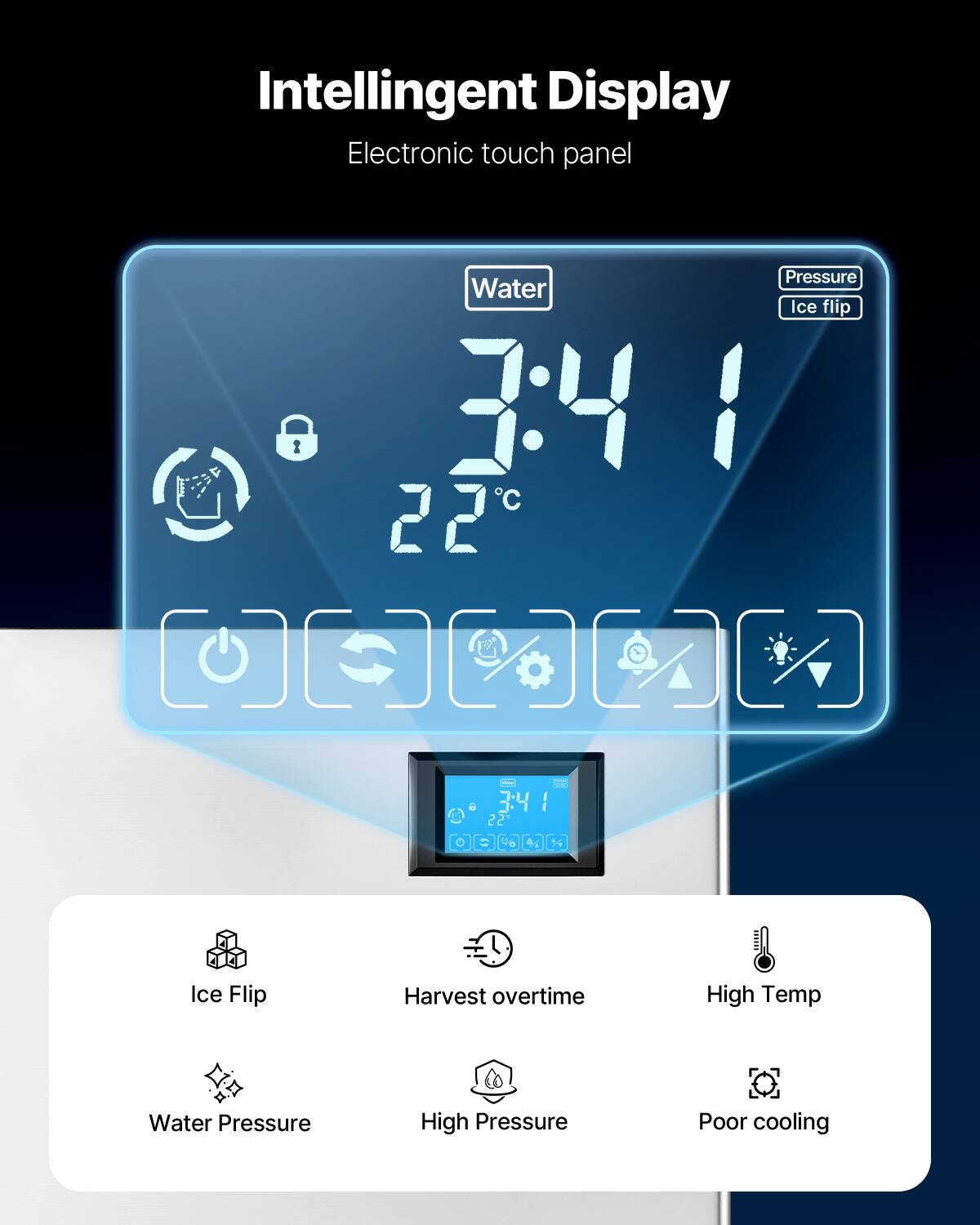 Intelligent Display  
Electronic touch panel  

- Water: 7:41  
- Temperature: 22°C  
- Pressure  
- Ice flip  

- Ice Flip  
- Harvest overtime  
- High Temp  
- Water Pressure  
- High Pressure  
- Poor cooling
