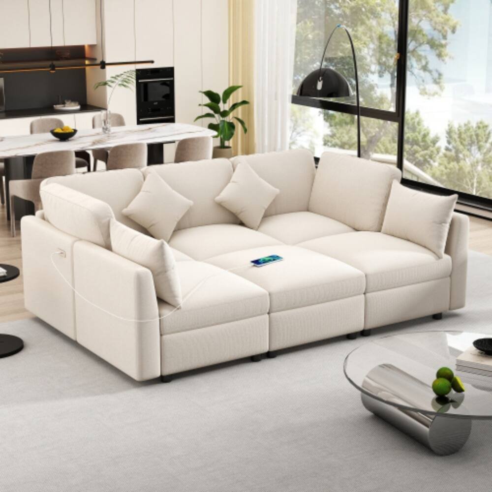 Angle. LUCKY ONE - 86.6" Modular Sectional Sofa U-Shape L-Shape w/ Movable Ottoman 2 USB Ports - Beige.