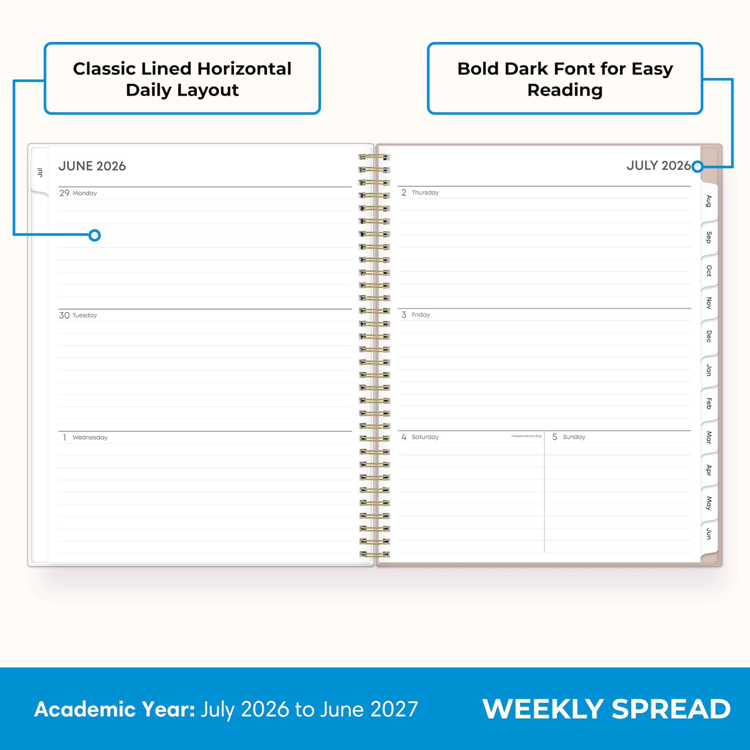 Classic Lined Horizontal Daily Layout  
Bold Dark Font for Easy Reading  

JUNE 2026  
29 Monday 30 Tuesday 1 Wednesday  
2 Thursday 3 Friday 4 Saturday  
5 Sunday  

JULY 2026  
2 Thursday 3 Friday 4 Saturday  
5 Sunday  

Academic Year: July 2026 to June 2027  
WEEKLY SPREAD
