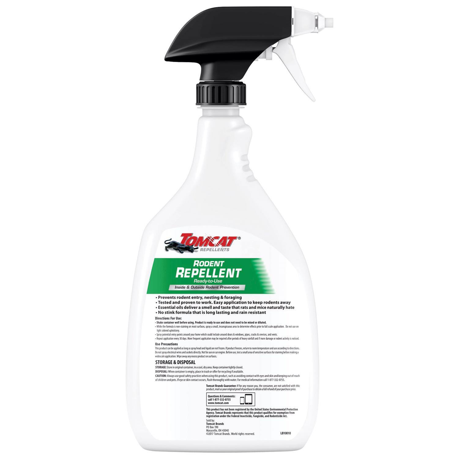 **TOMCAT REPELLENTS**  
**RODENT REPELLENT**  
Ready-to-Use  
Inside & Outdoor Rodent Prevention  

- Prevents rodent entry, nesting & foraging  
- Tested and proven to work. Easy application to keep rodents away  
- Essential oils deliver smell and taste that rats and mice naturally hate  
- No stink formula that is long-lasting and rain resistant  

**Directions:**  
- Shake well before use.  
- Spray directly onto surfaces where rodents are present or may enter.  
- Apply to entry points, such as cracks, crevices, around doors, windows, vents, and other areas where rodents may enter.  
- Reapply as needed.  

**Storage & Disposal:**  
- Store in a cool, dry place.  
- Keep out of reach of children.  
- Do not reuse container.  
- Dispose of container in accordance with local regulations.  

**Caution:**  
- Harmful if swallowed.  
- Causes skin and eye irritation.  
- Avoid contact with skin and eyes.  
- Keep out of reach of children.  

**TOMCAT**  
A brand of Gencor Industries, Inc.  
1-800-8