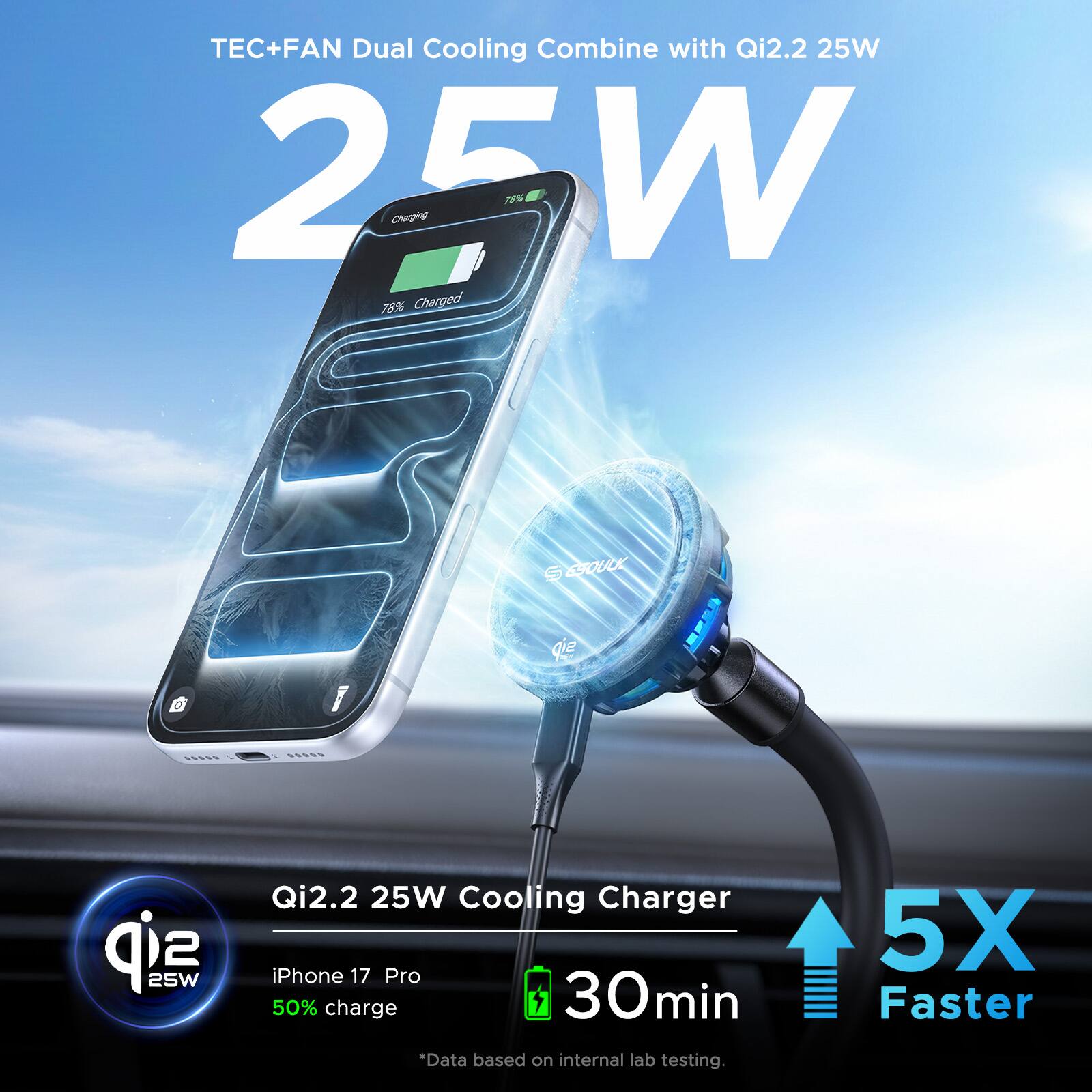 TEC+FAN Dual Cooling Combine with Qi2.2 25W

25W

Qi2.2 25W Cooling Charger

iPhone 17 Pro
50% charge 30min

*Data based on internal lab testing.

5X Faster