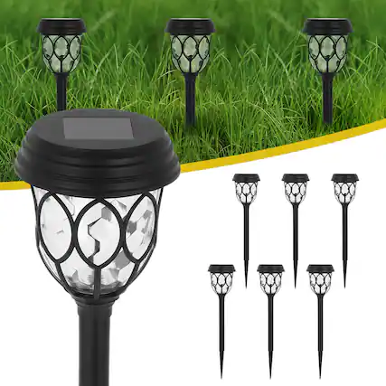 Front. Oumilen - 6-Pack Solar Leaf Honeycomb Stake Lights 15.74In White LED Outdoor Garden Path Lights with Glass Shade.