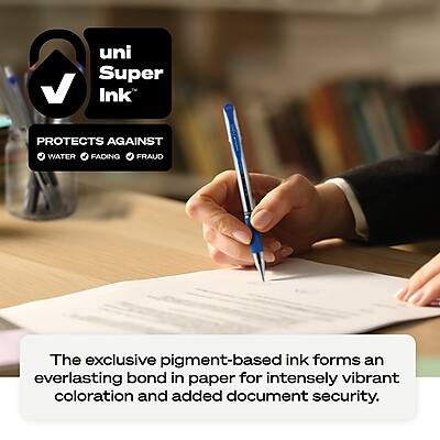 uni Super Ink  
PROTECTS AGAINST  
WATER  
FADING  
FRAUD  

The exclusive pigment-based ink forms an everlasting bond in paper for intensely vibrant coloration and added document security.