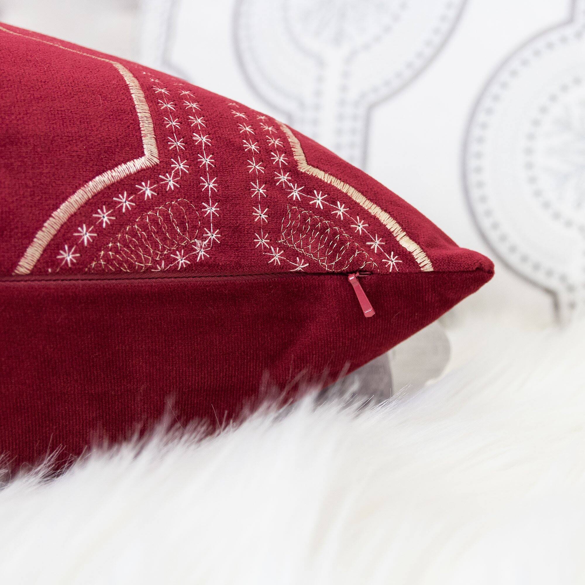 Angle. LuXeo - Embroidery Velvet Throw Pillow - RED.
