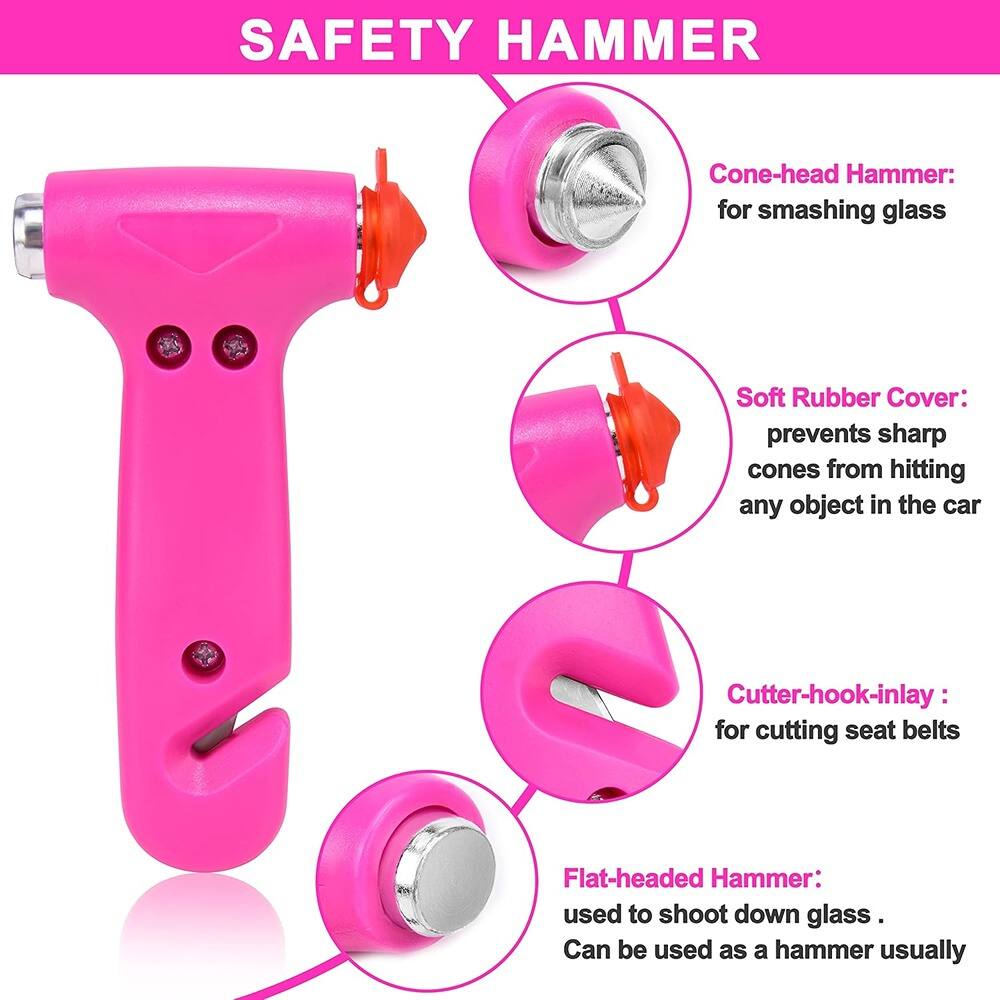 SAFETY HAMMER

- Cone-head Hammer: for smashing glass
- Soft Rubber Cover: prevents sharp cones from hitting any object in the car
- Cutter-hook-inlay: for cutting seat belts
- Flat-headed Hammer: used to shoot down glass. Can be used as a hammer usually