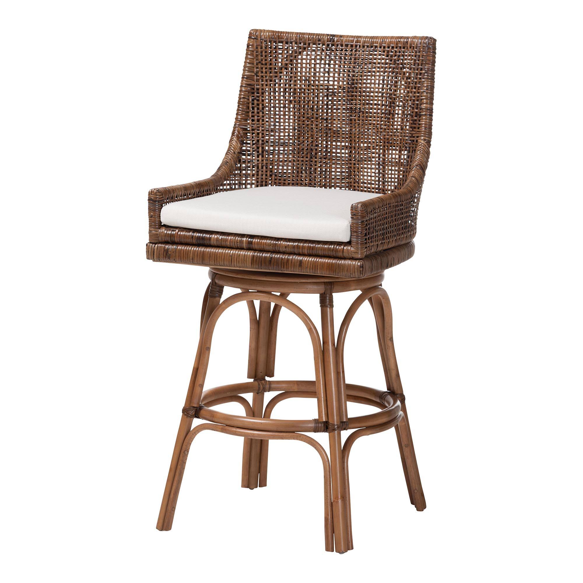 bali & pari - Bella Swivel Rattan Bar Stool with Cushion - Handwoven Wicker Bar Chair with Backrest and Footrest - Coffee Bean