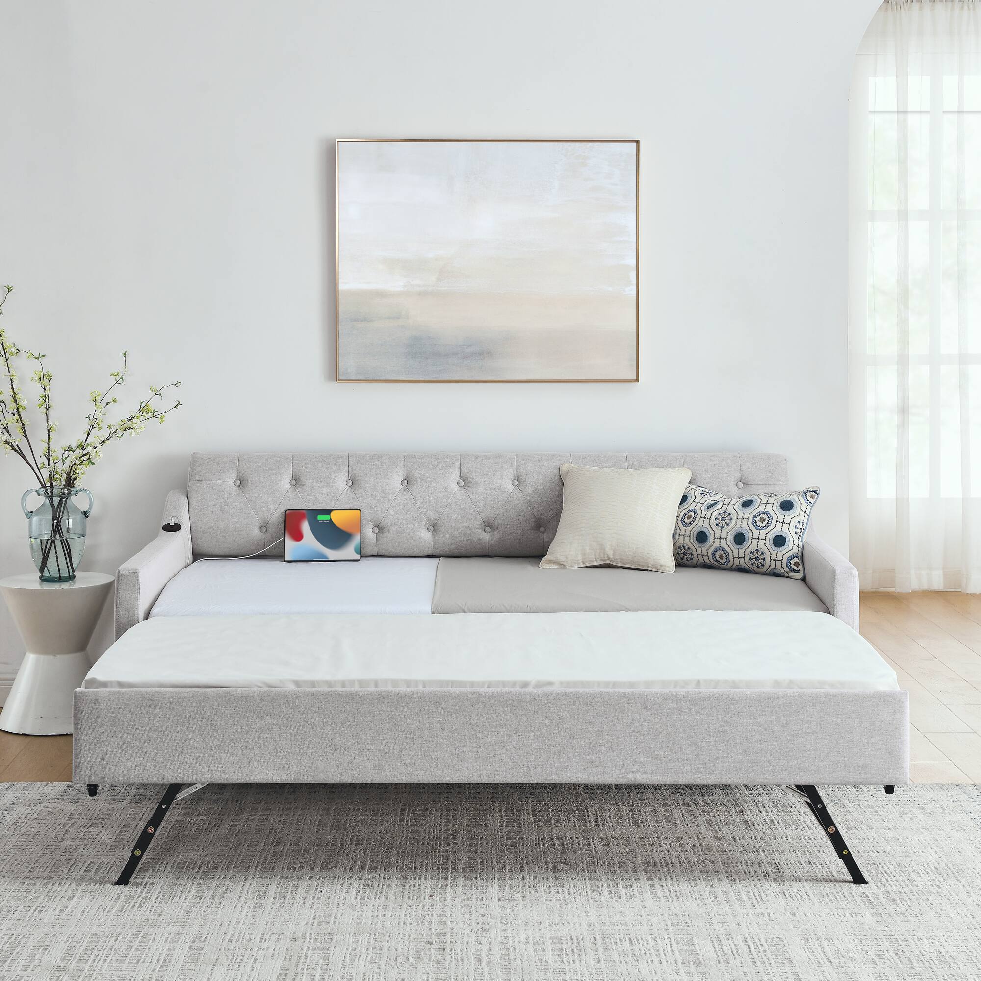 Back. Tiramisubest - Twin Size Upholstery DayBed with Twin Size Erectable Trundle and USB Charging Design, Linen Beige - Beige.