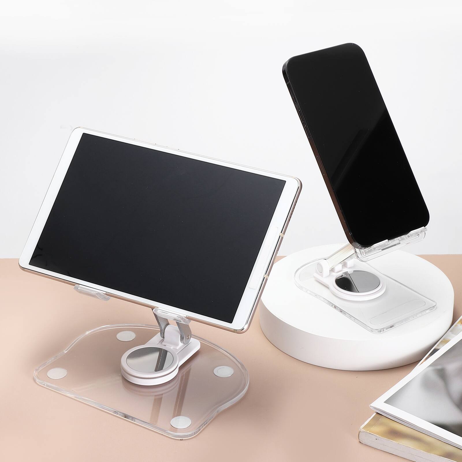 Alt View 5. Unique Bargains - Acrylic Tablet & Phone Holder, Adjustable Foldable Clear with 360 Degree Rotating Base for Desk Home Office - White.