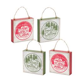 BreeBe - Winter Cabin and Trails Sentiment Sign (Set of 4) - Green, Red, Beige