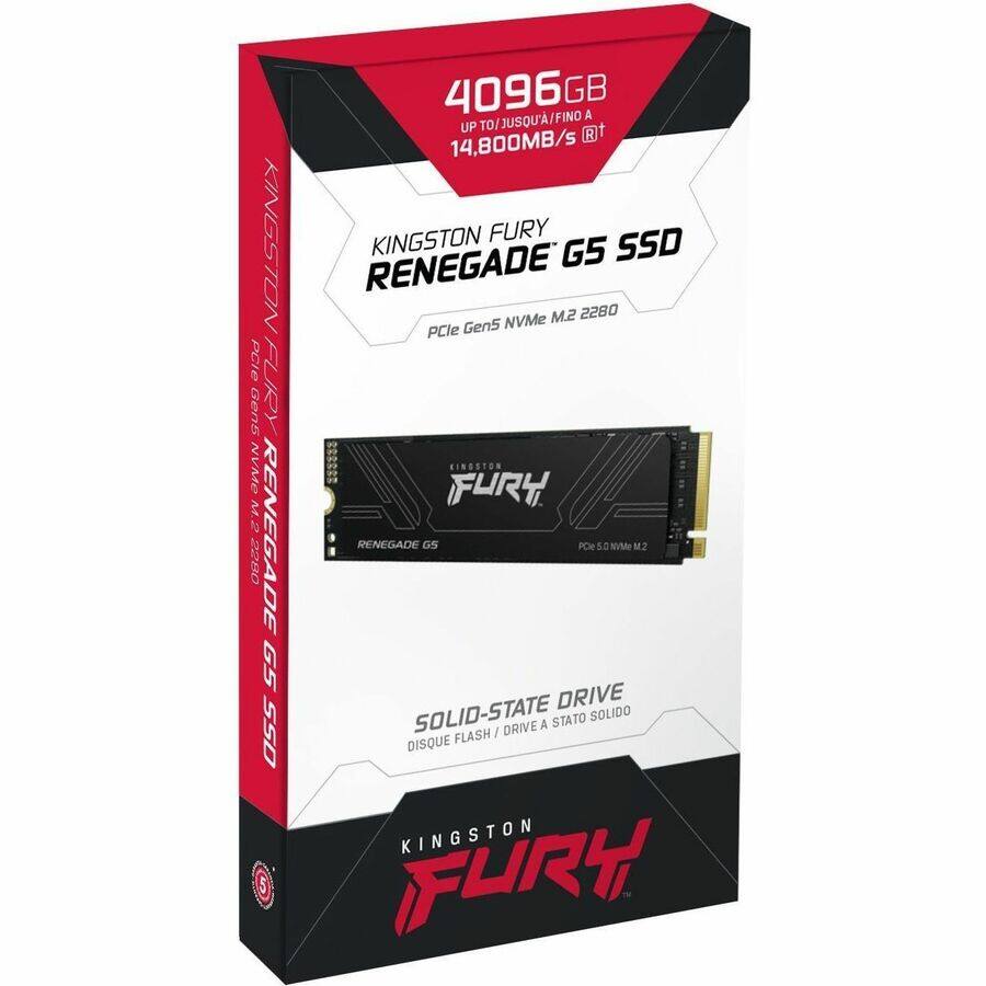 Sure, here is the corrected and grouped text from the image:

---

**Kingston FURY RENEGADE G5 SSD**

- **4096GB** / JUSQU'A / FINO A / UP TO 14,800MB/s
- **PCIe Gen5 NVMe M.2 2280**
- **Solid-State Drive** / DISQUE FLASH / DRIVE A STATO SOLIDO
- **Kingston FURY RENEGADE GS**

---

This text is organized to reflect the product details and specifications as shown on the packaging.