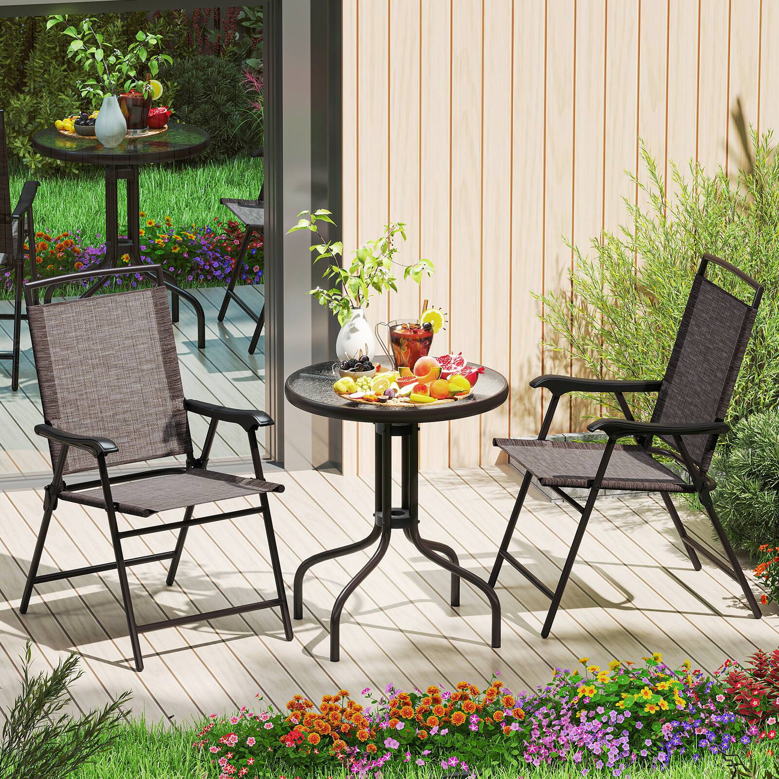 Alt View 4. Gymax - Gymax 3 PCS Outdoor Bistro Dining Furniture Set w/1.57'' Umbrella Hole Rippled - Brown+Black.
