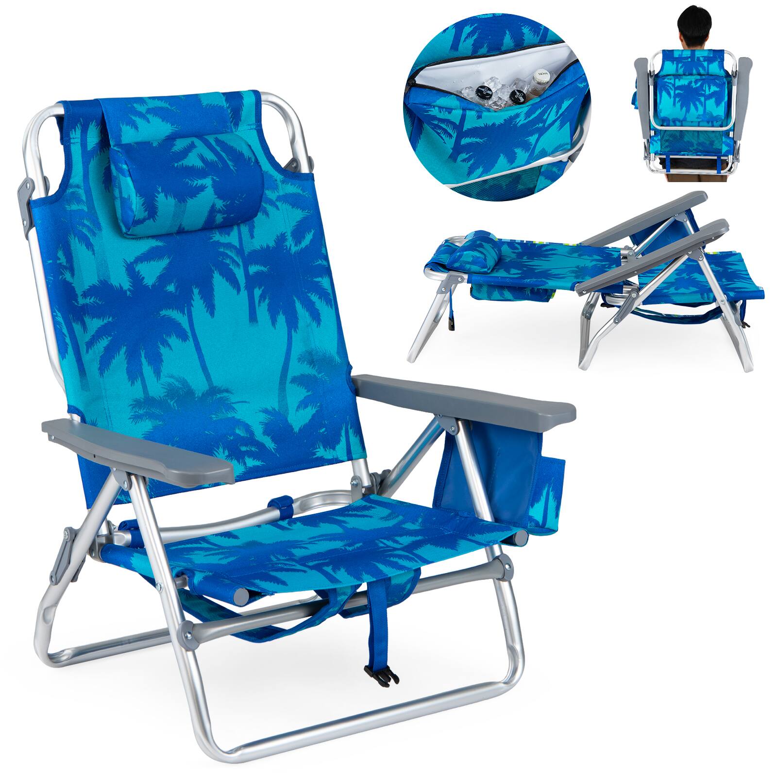 Alt View 9. Costway - 2-Pack Folding Backpack Beach Chair 5-Position Outdoor Reclining Chairs with Pillow - Dark Blue.