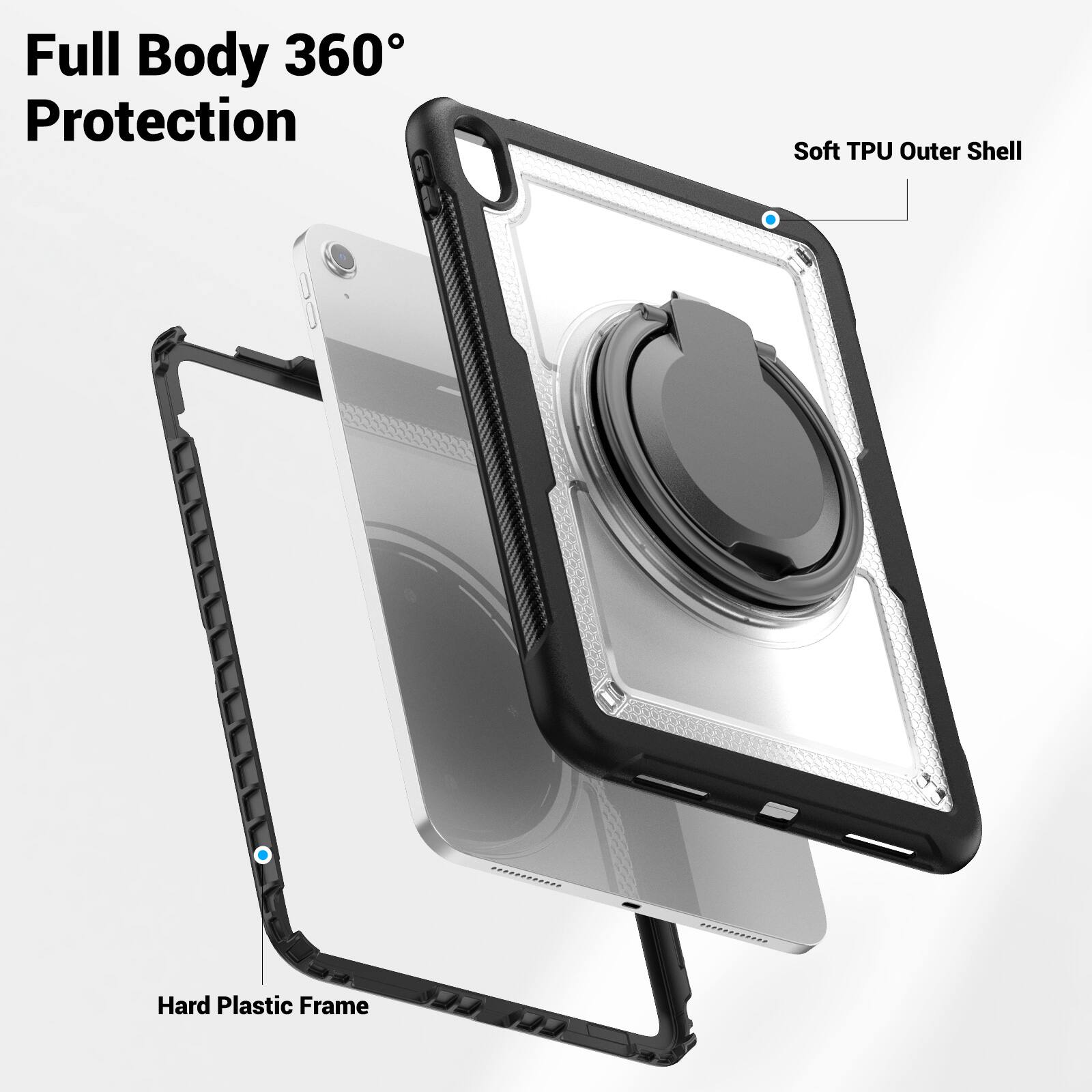 Full Body 360° Protection  
Soft TPU Outer Shell  
Hard Plastic Frame