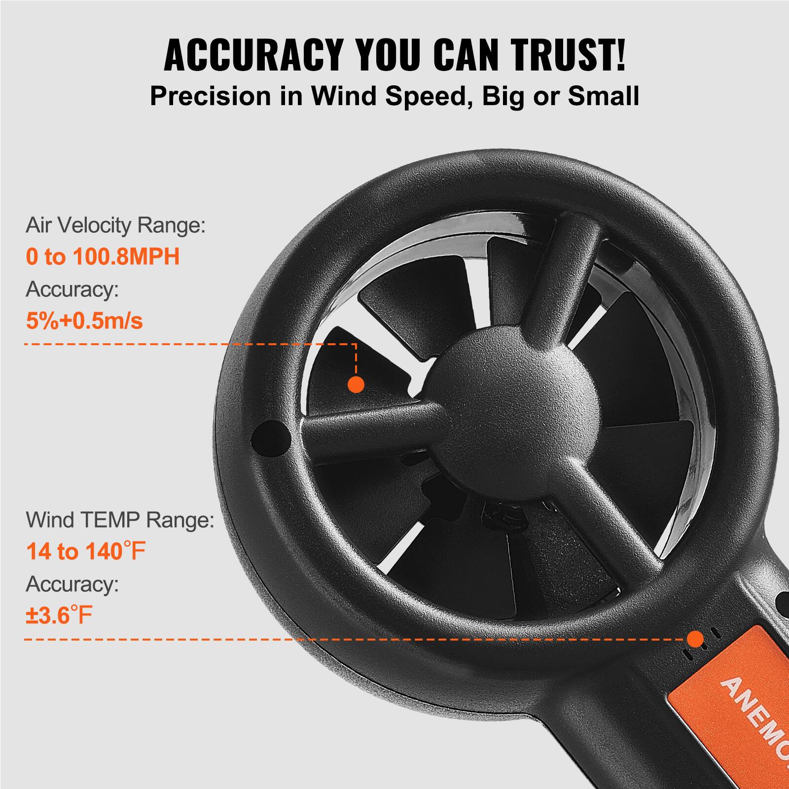 ACCURACY YOU CAN TRUST!  
Precision in Wind Speed, Big or Small

Air Velocity Range:  
0 to 100.8MPH  
Accuracy: 5%+0.5m/s

Wind TEMP Range:  
14 to 140°F  
Accuracy: ±3.6°F