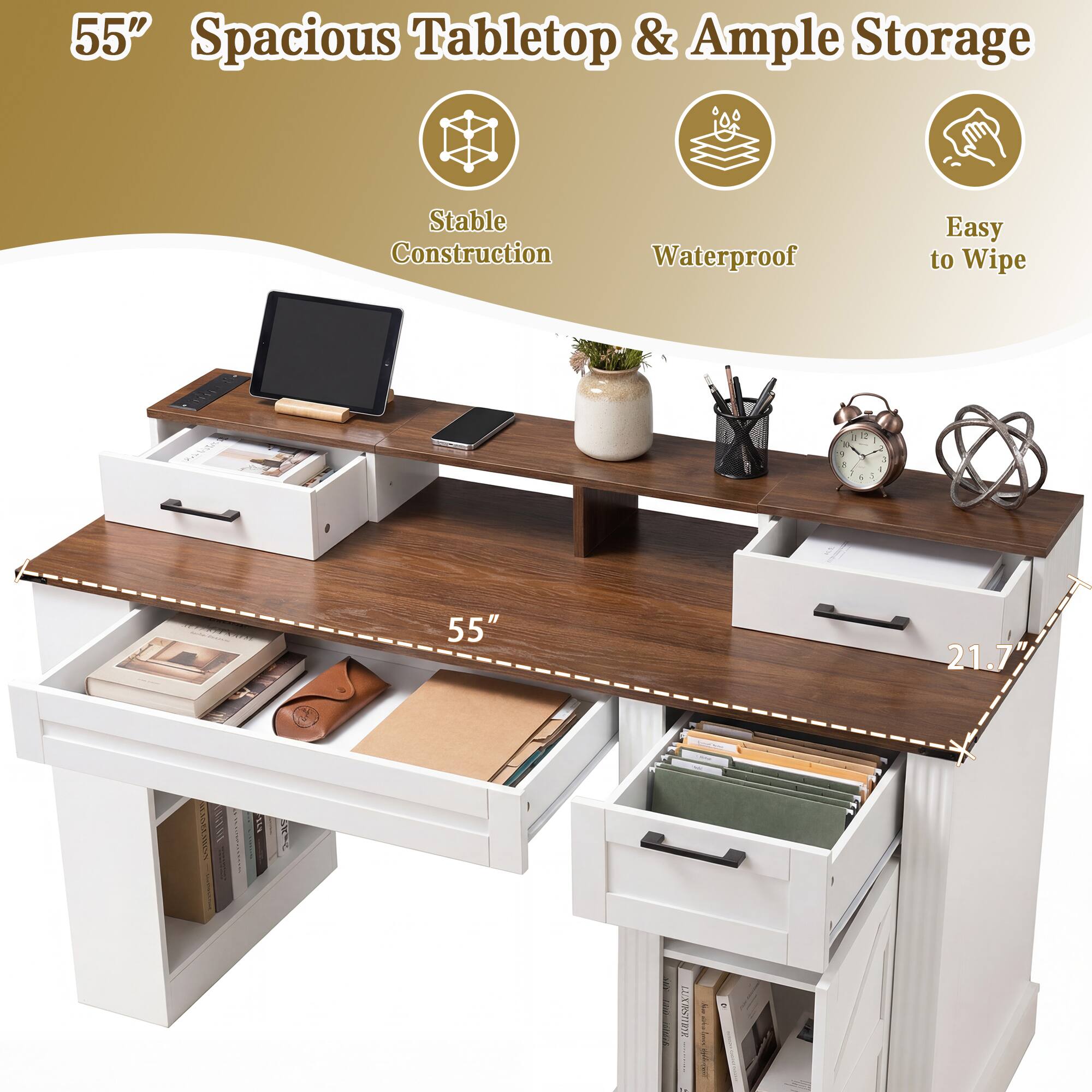 55" Spacious Tabletop & Ample Storage  
Stable Construction  
Waterproof  
Easy to Wipe