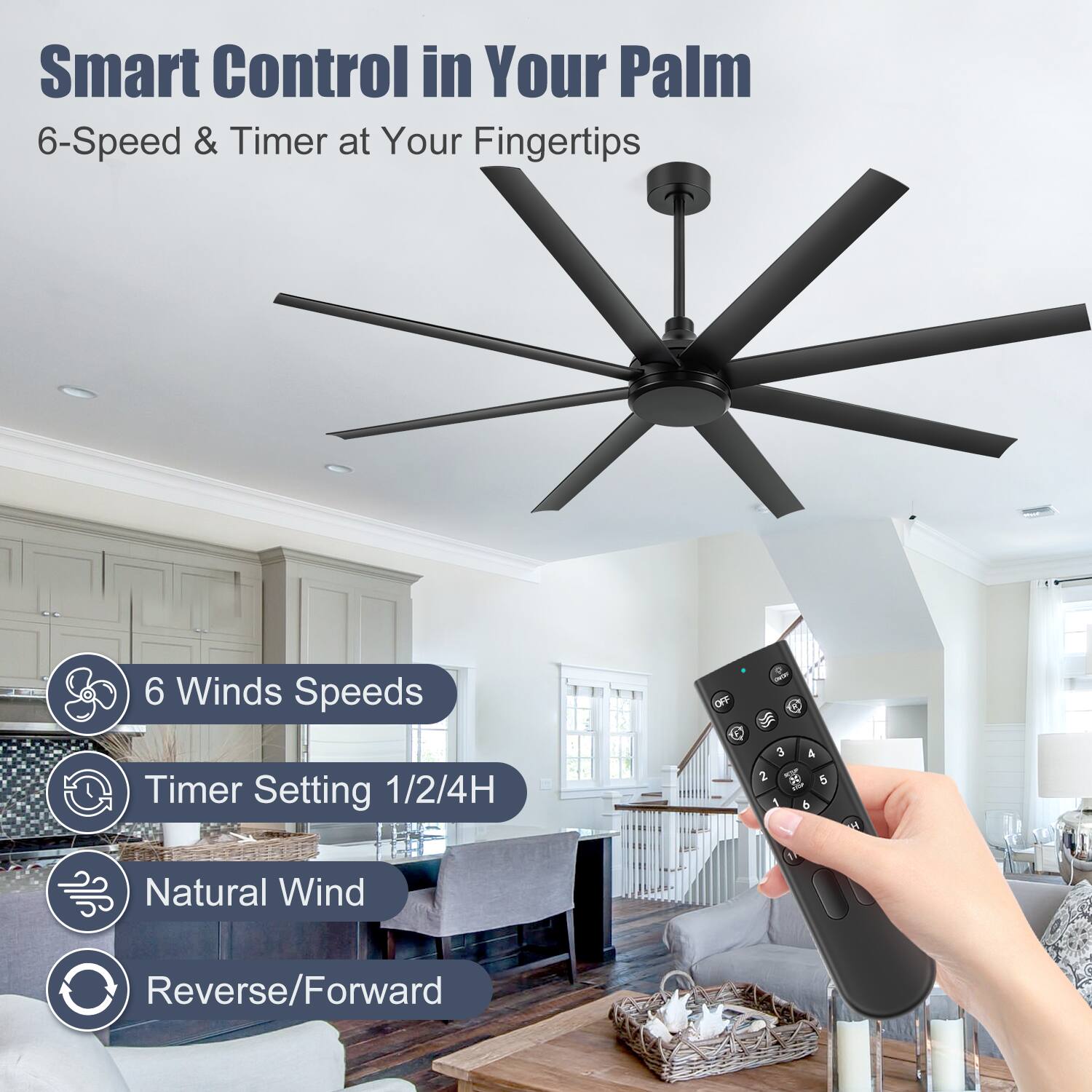 Smart Control in Your Palm  
6-Speed & Timer at Your Fingertips  

6 Winds Speeds  
Timer Setting 1/2/4H  
Natural Wind  
Reverse/Forward