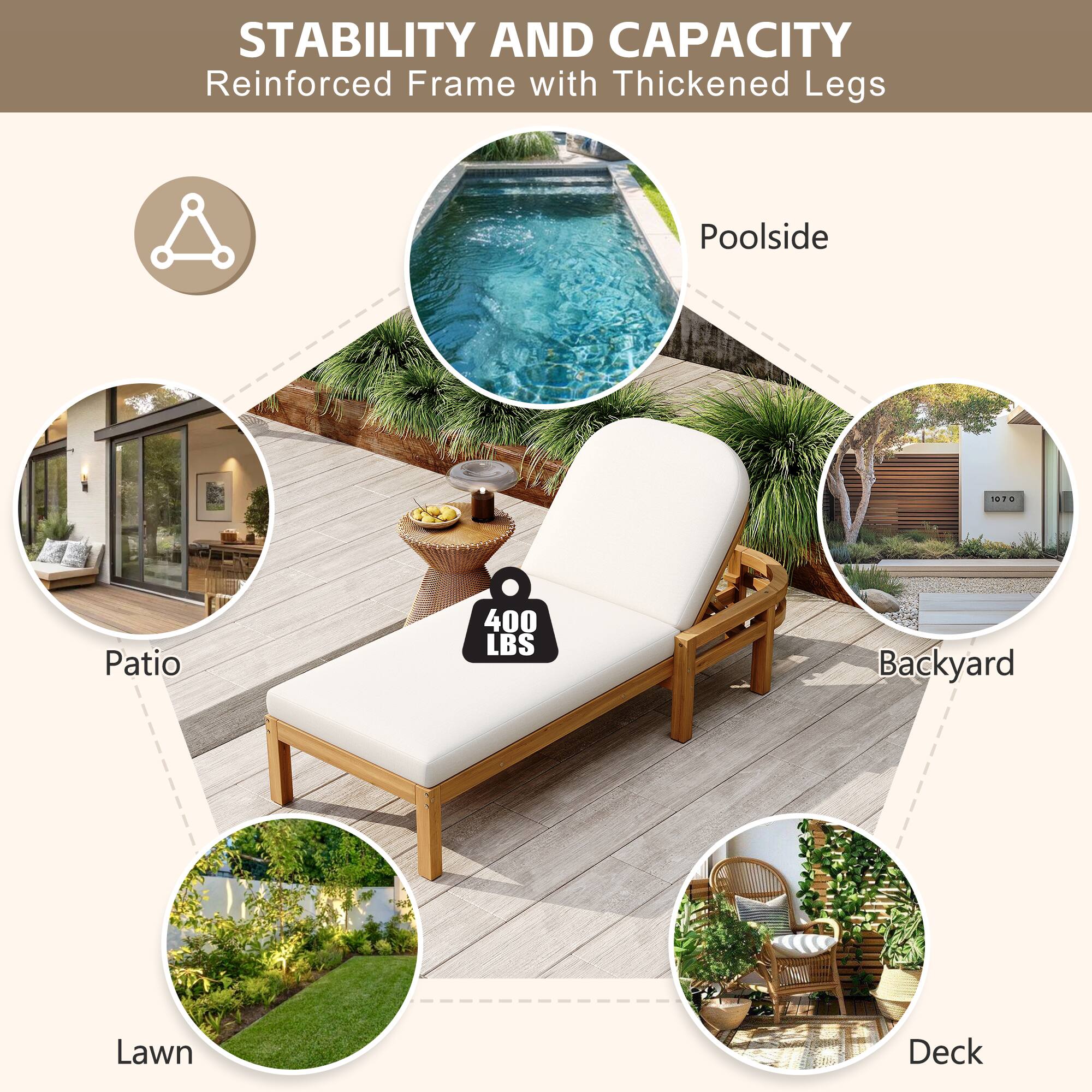 STABILITY AND CAPACITY  
Reinforced Frame with Thickened Legs  

- Poolside  
- Patio  
- Lawn  
- Backyard  
- Deck  

400 LBS