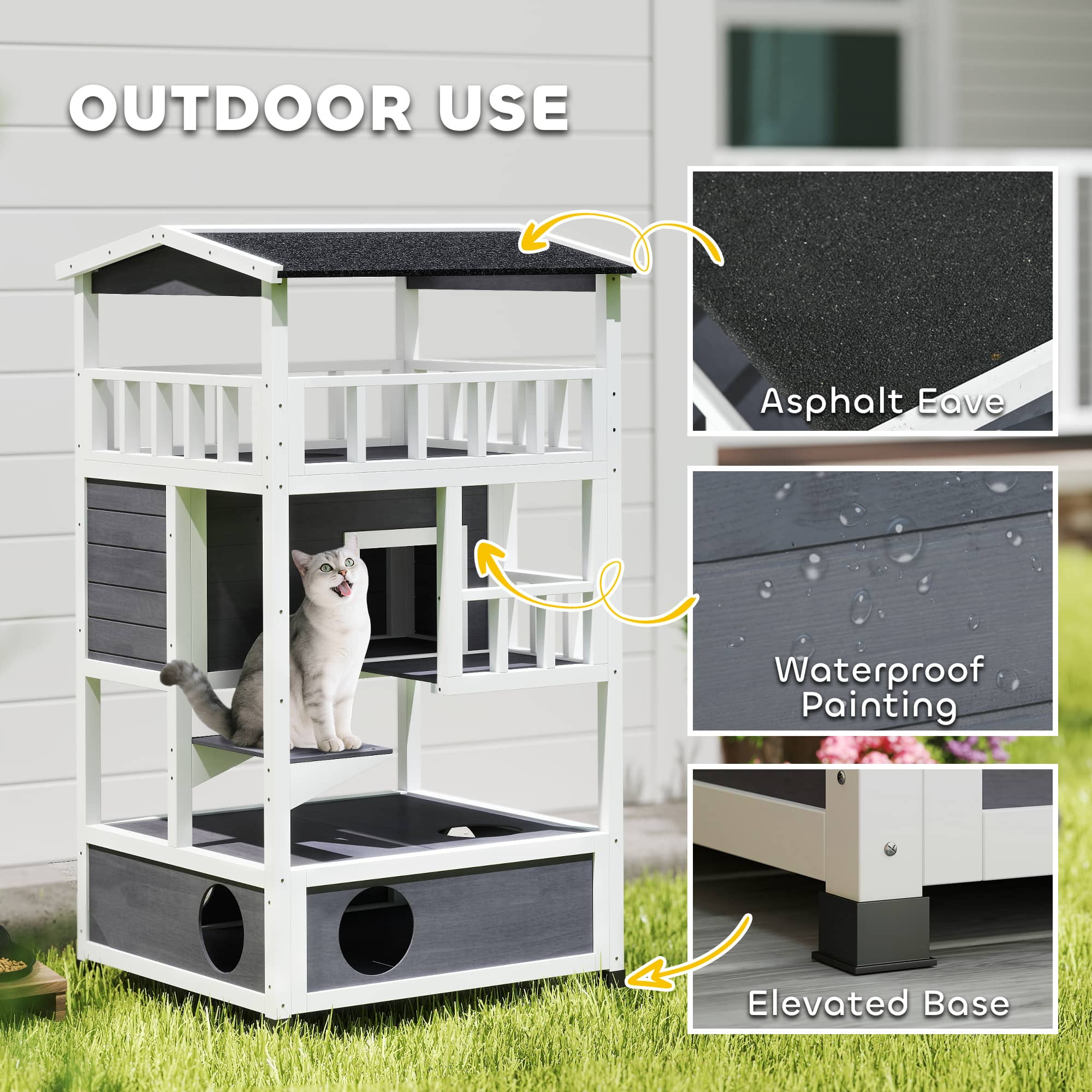 Pawhut Wooden Outdoor Cat House, Feral Cat Shelter Kitten Condo