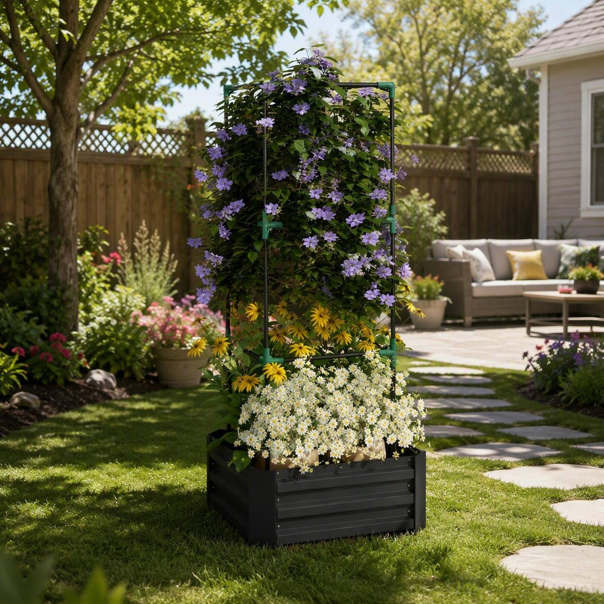 Alt View 2. RYHNUYNE - Galvanized Steel Raised Garden Bed with Tomato Trellis Cage, Dark Gray Planter Box for Vegetables and Climbing - Dark Gray.