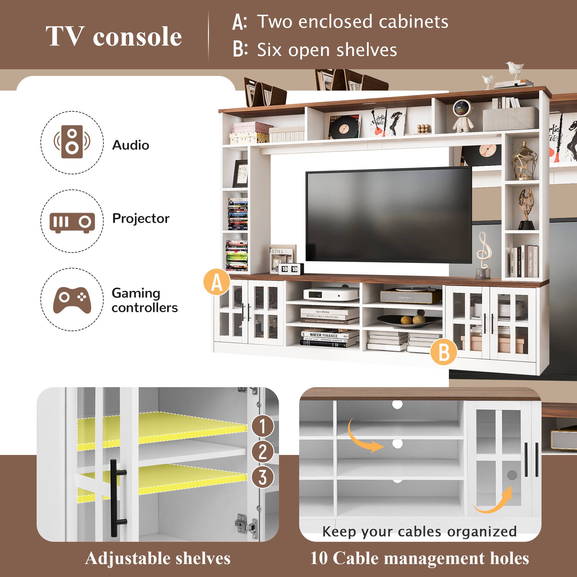 TV console  
A: Two enclosed cabinets  
B: Six open shelves  

Audio  
Projector  
Gaming controllers  

Adjustable shelves  
Keep your cables organized  
10 Cable management holes