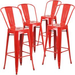 Emma + Oliver - Commercial Grade 4 Pack 30" High Metal Indoor-Outdoor Barstool with Back - Red