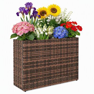 Front. RYHNUYNE - Raised Garden Bed Planter Box on Legs, 31.9x11x22.8 Inch Elevated Flower and Vegetable Stand with Rattan Look - Brown.