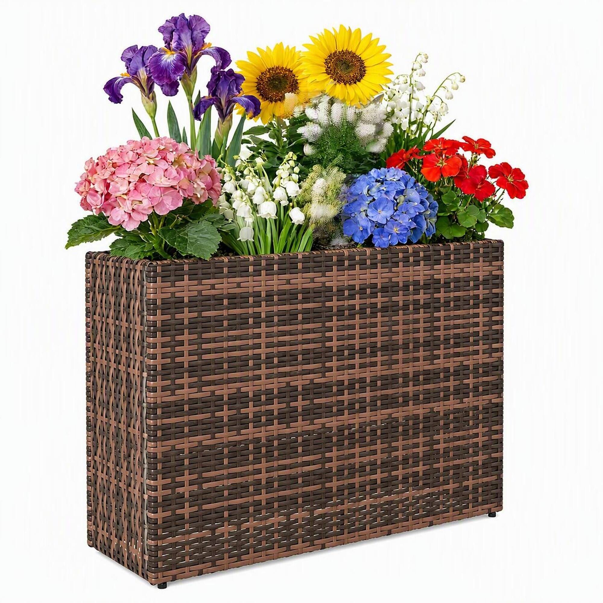 Front. RYHNUYNE - Raised Garden Bed Planter Box on Legs, 31.9x11x22.8 Inch Elevated Flower and Vegetable Stand with Rattan Look - Brown.