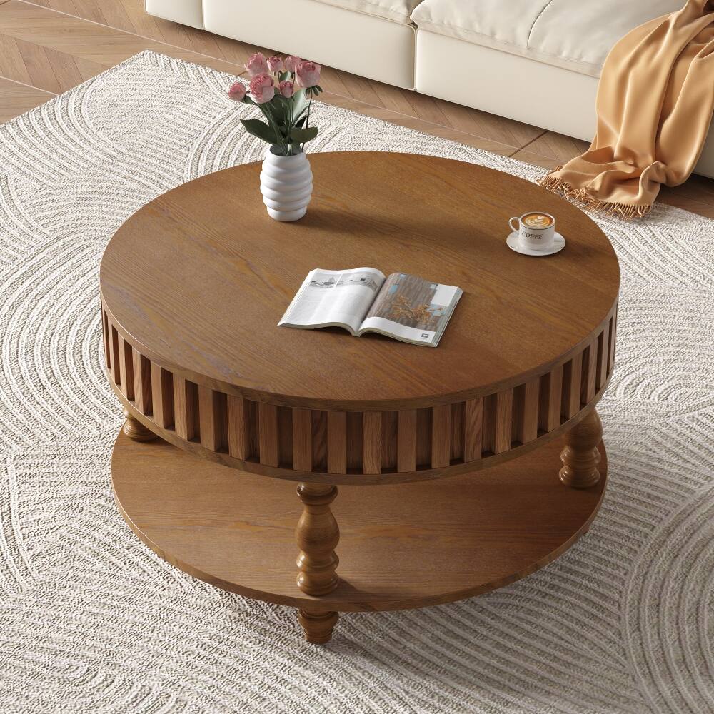 Alt View 2. Loheer - Loheer Farmhouse Fluted Coffee Table, Round Coffee Table with Hidden Storage, Walnut Brown - Walnut Brown.