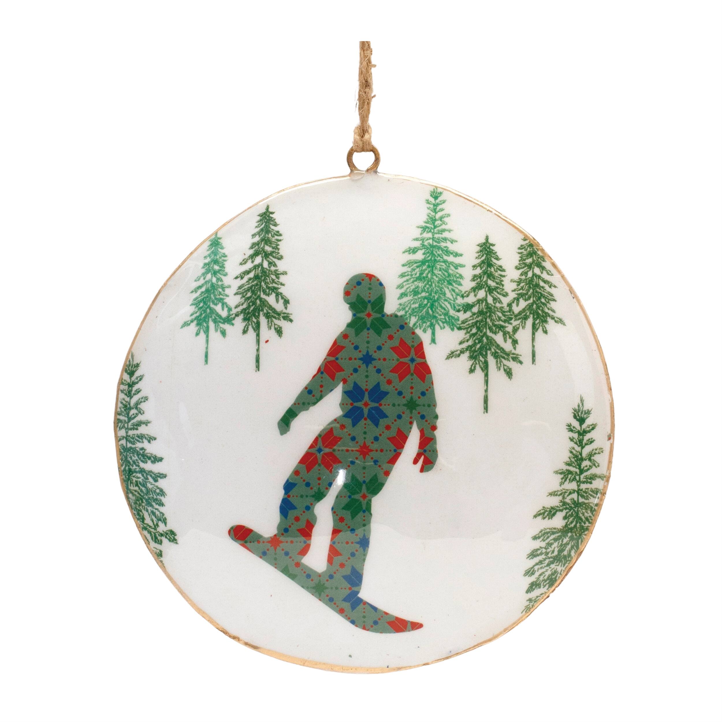 Back. BreeBe - Metal Snowboard Forest Disc Ornament (Set of 6) - Blue, Green, White.