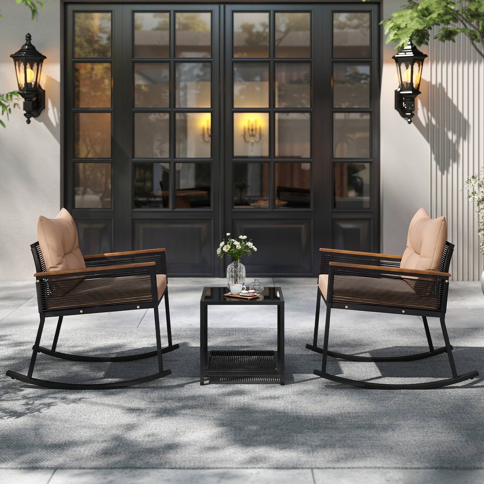 Alt View 4. Costway - Costway 3 PCS Outdoor Rocking Bistro Set with 2-Tier Coffee Table, Acacia Wood Armrests - Black+Brown.