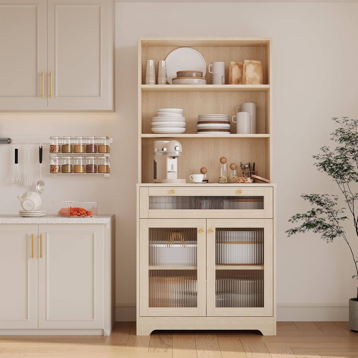 Front. Acekool - 62" Farmhouse Pantry Cabinet with Storage Drawers, Kitchen Hutch Coffee Bar, Glass Door, 3-Tier Open Shelf, Oak - Oak.