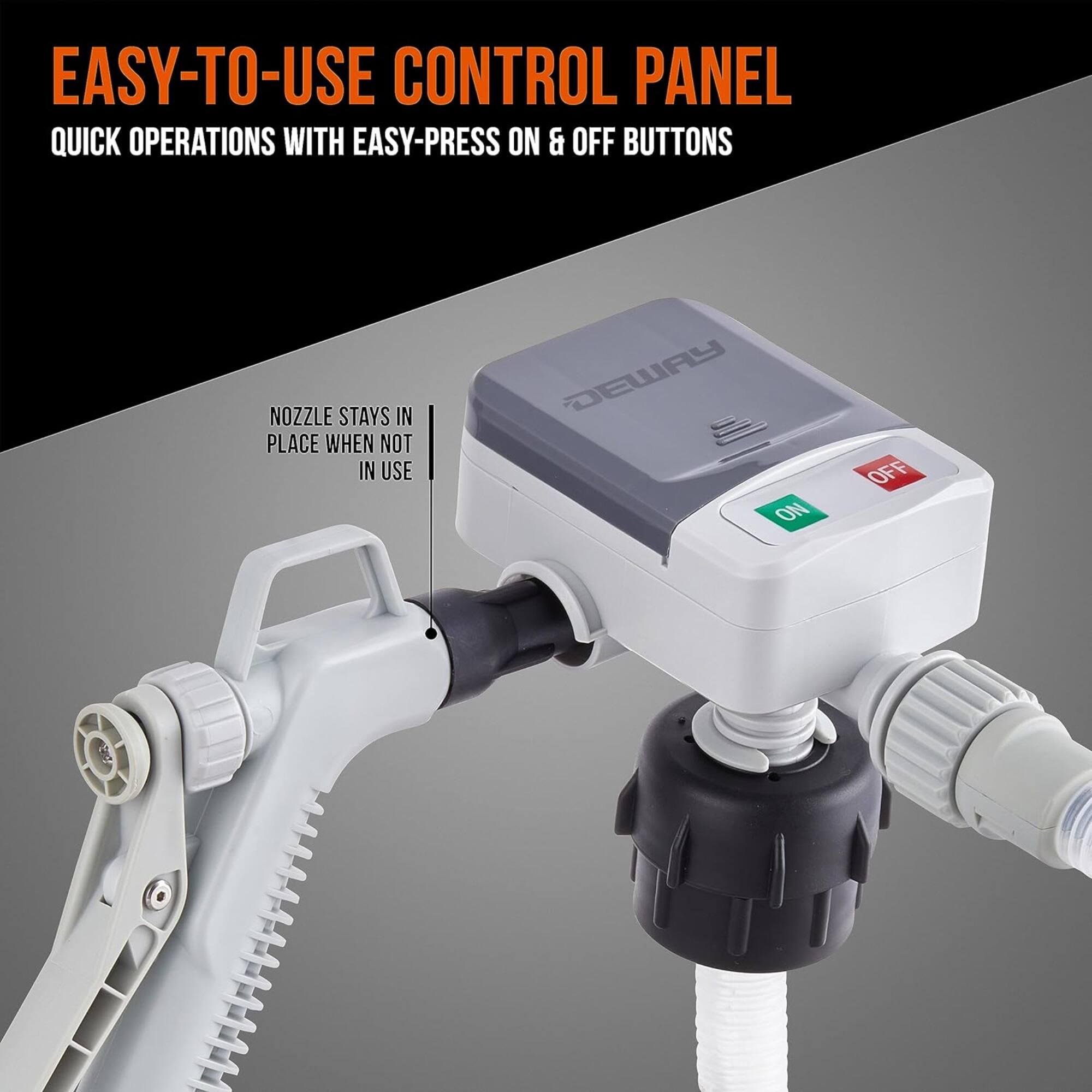 EASY-TO-USE CONTROL PANEL  
QUICK OPERATIONS WITH EASY-PRESS ON & OFF BUTTONS  
NOZZLE STAYS IN PLACE WHEN NOT IN USE