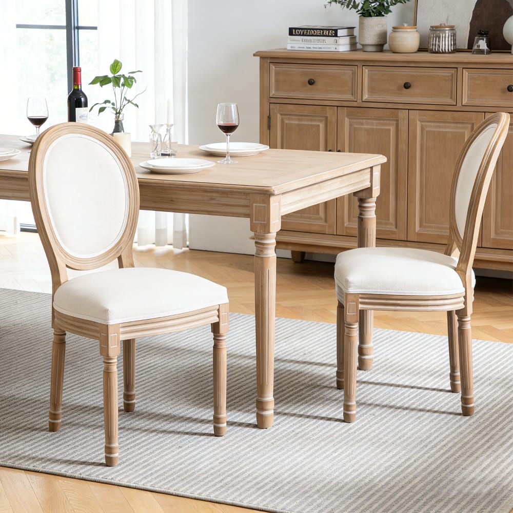 Loheer - Farmhouse Solid Wood Dining Chairs Linen Set of 2 - Beige