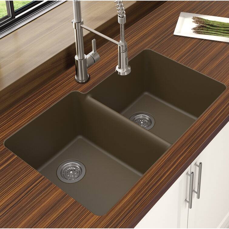 Angle. Winpro - Winpro Undermount Granite Composite 33 in. L 40/60 Offset Double Bowl Kitchen Sink in Mocha - Mocha.