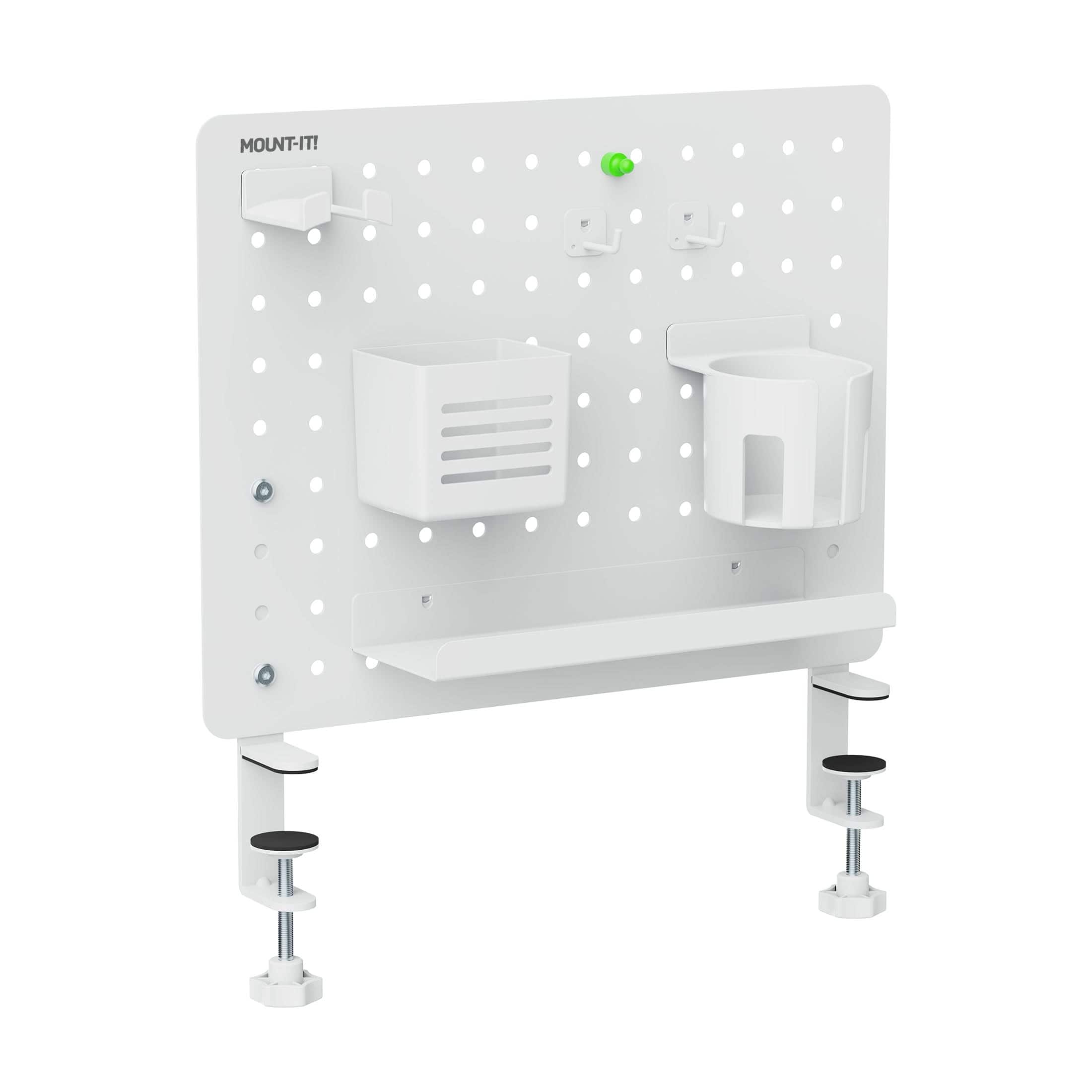 Mount-It! - Clamp-On Pegboard Organizer, Magnetic Desk Storage Panel with Hooks for Office and Gaming - White