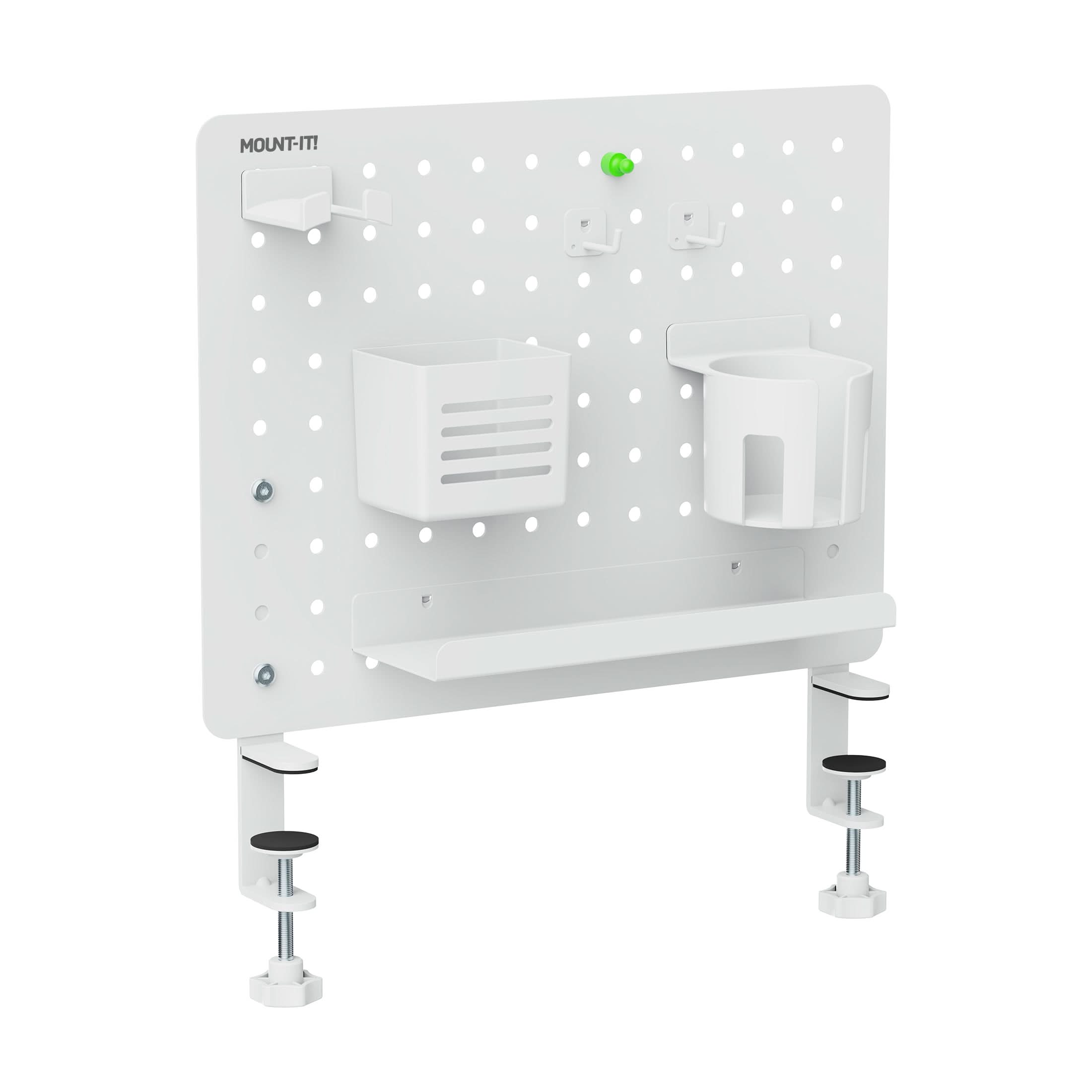 Mount-It! - Clamp-On Pegboard Organizer, Magnetic Desk Storage Panel with Hooks for Office and Gaming - White