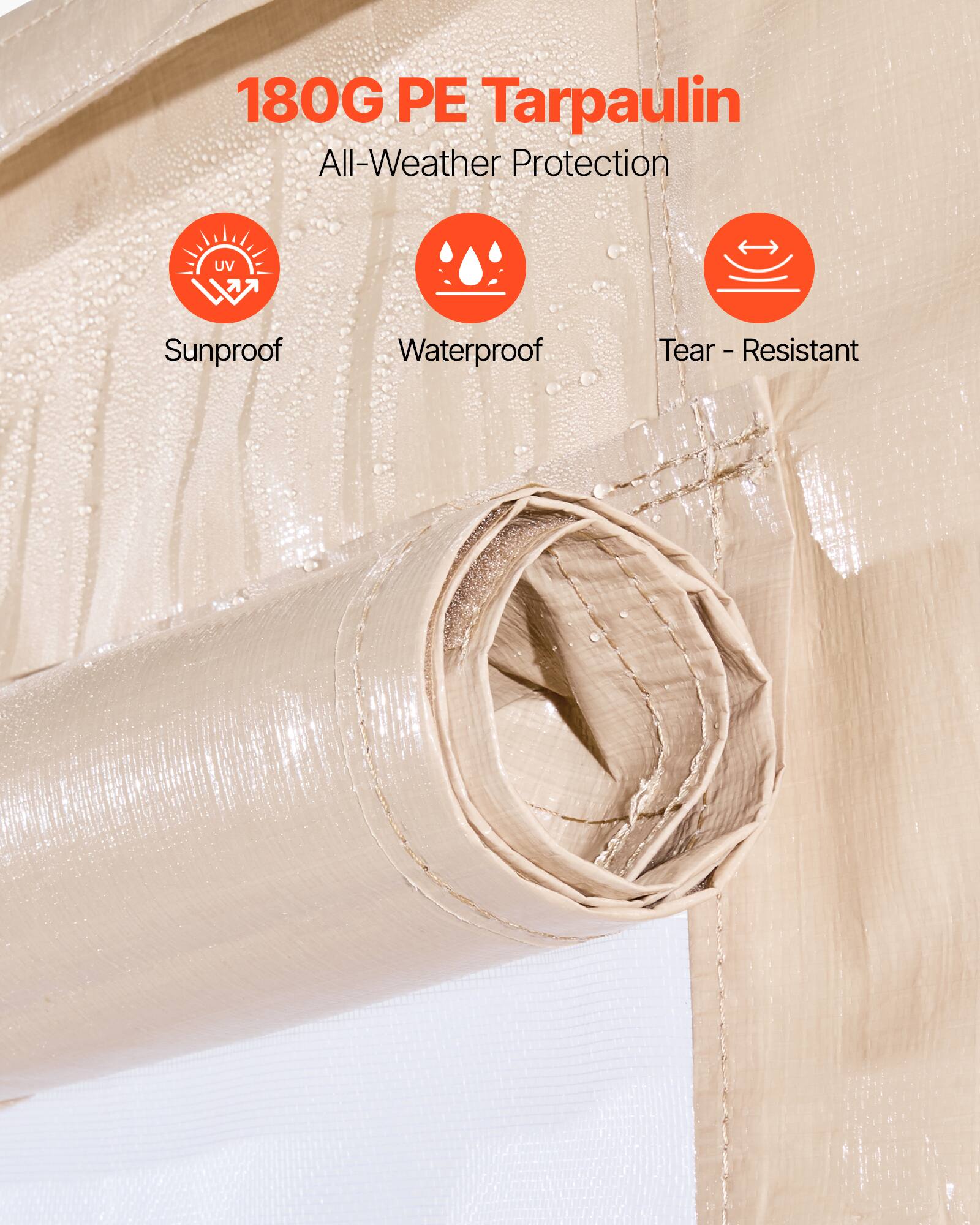 180G PE Tarpaulin  
All-Weather Protection  
Sunproof  
Waterproof  
Tear-Resistant