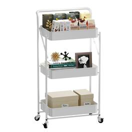 Malletson - 3-Tier Foldable Rolling Cart, Storage Rack with Handle Multi-Purpose and Locking Wheels for Office, Kitchen, Bathroom - White