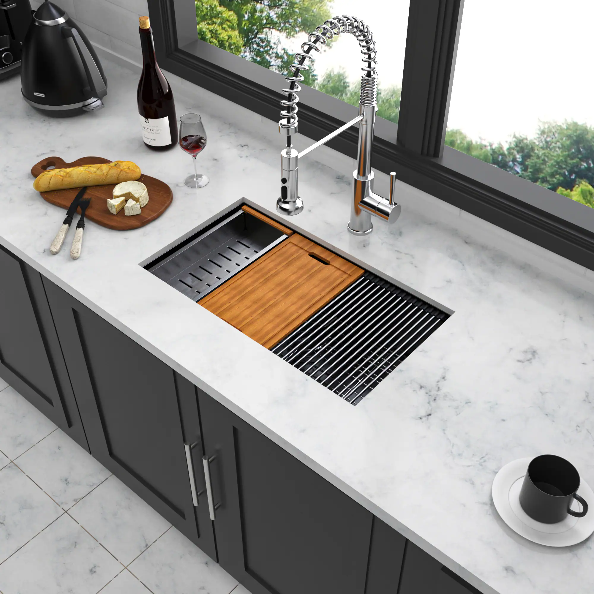 Front. APRILSOUL - Black Workstation Kitchen Sink 30 x 18 x 10 in Single Bowl Workstation Undermount Kitchen Sink 16 Gauge Stainless Steel - Gunmetal Black.