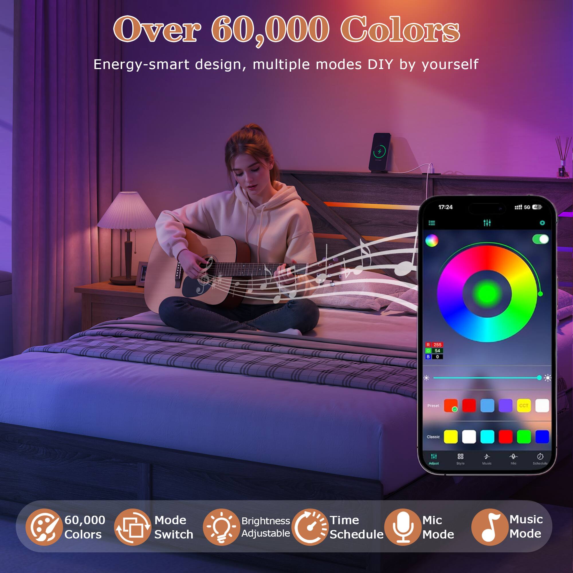 Over 60,000 Colors  
Energy-smart design, multiple modes DIY by yourself  

- 60,000 Colors  
- Mode Switch  
- Brightness Adjustable  
- Time Schedule  
- Mic Mode  
- Music Mode