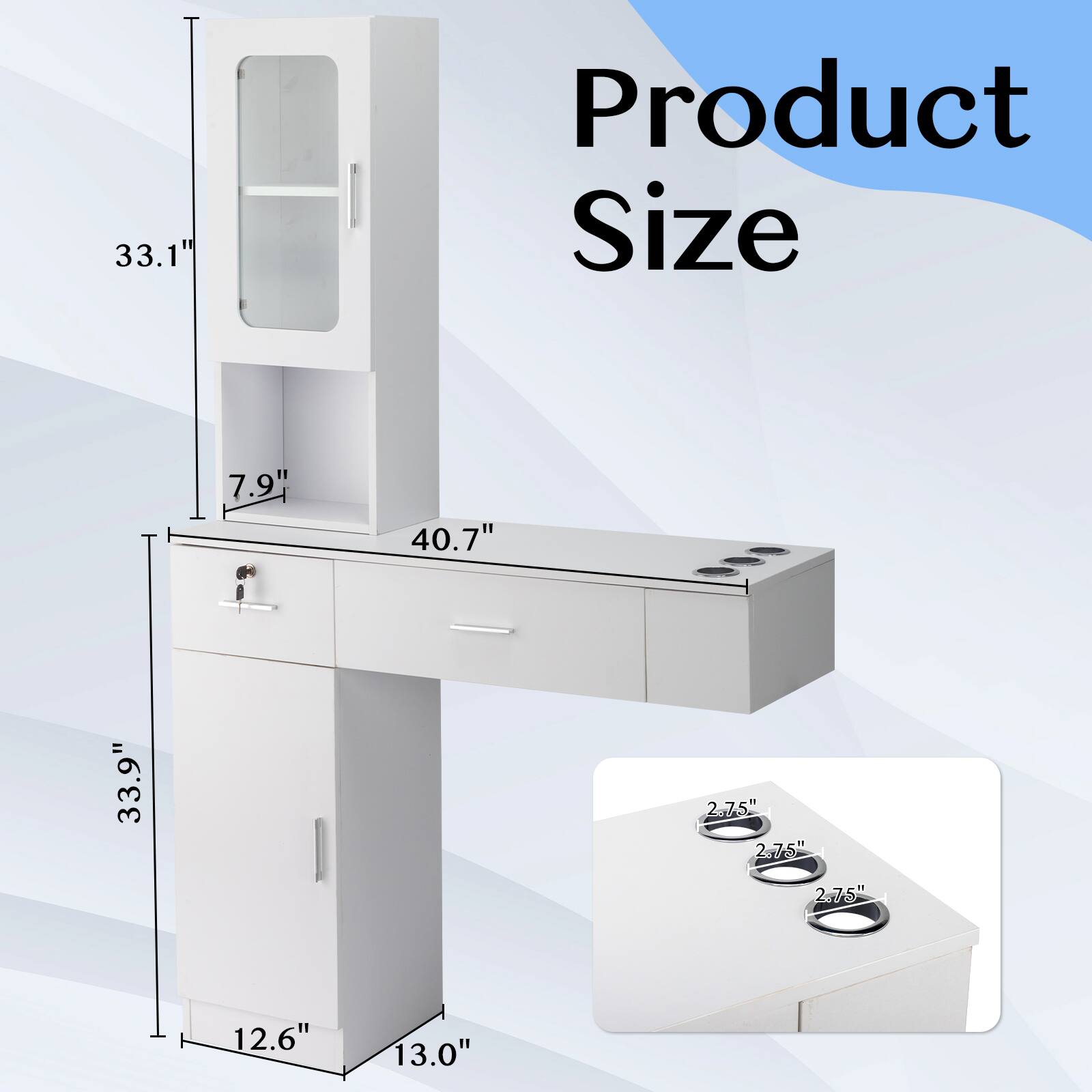Product Size

- Height: 33.1"
- Width: 40.7"
- Depth: 13.0"
- Cabinet Height: 33.9"
- Cabinet Depth: 12.6"
- Drawer Height: 2.75"
- Drawer Width: 2.75"
- Drawer Depth: 2.75"