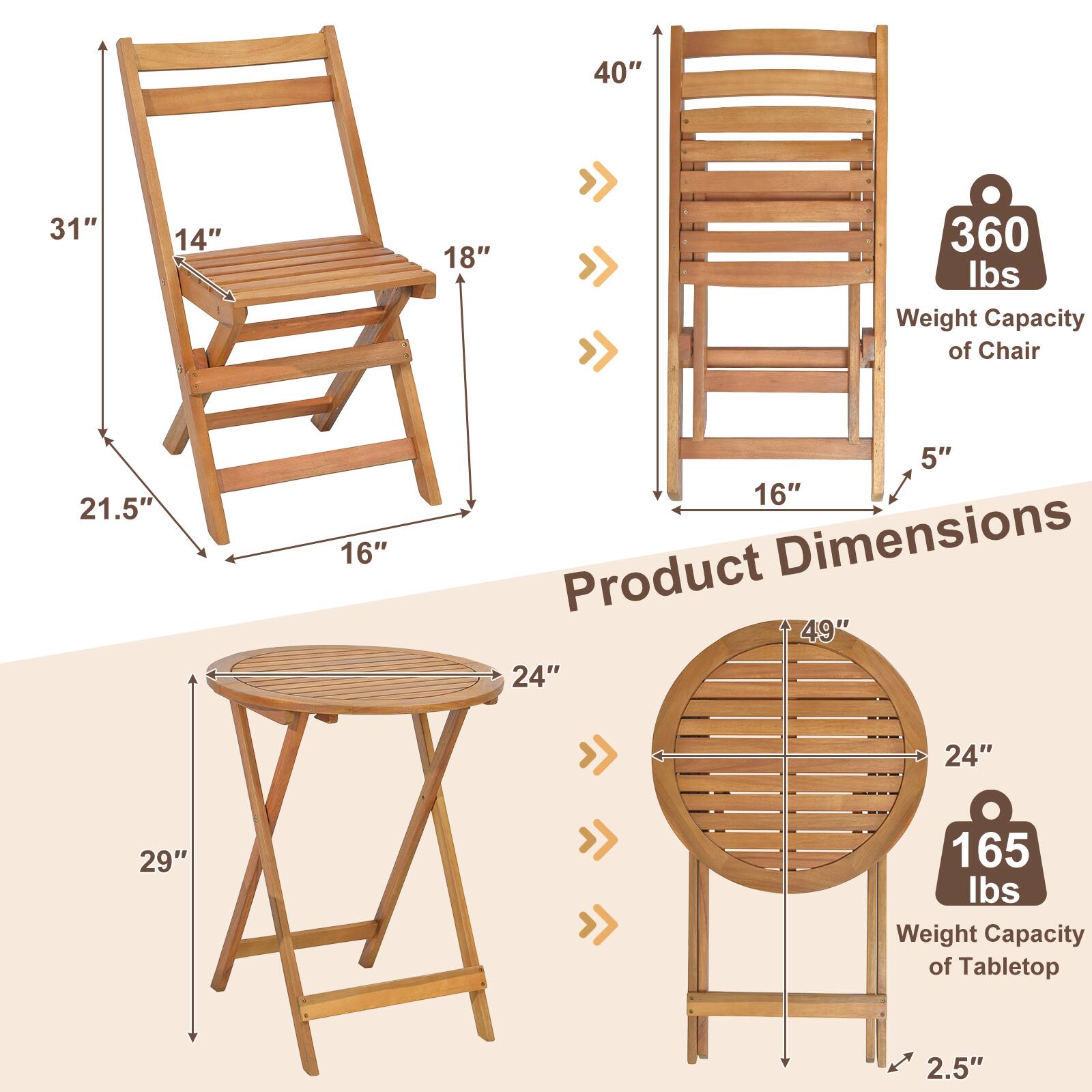 The text on the image can be grouped and corrected as follows:

1. Product Dimensions: 49" 24" 24" 29"
2. Weight Capacity of Chair: 360 lbs
3. Weight Capacity of Tabletop: 165 lbs
4. Product Dimensions: 21.5" 16" 5" 16"
5. Weight Capacity of Chair: 14"
6. Weight Capacity of Chair: 2.5"