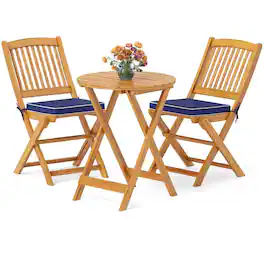 Pefilos - 3 Pieces Acacia Wood Patio Folding Bistro Set with SoFeet Cushions, Patio Conversation Set for Outdoor, Navy - Blue